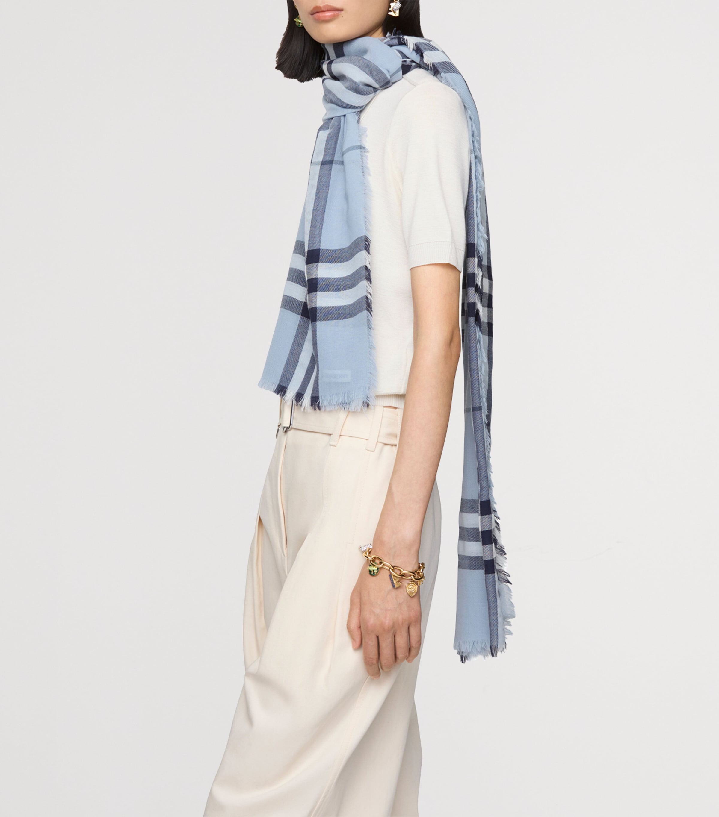 Wool Wide Check Scarf BANK BLUE Image 2
