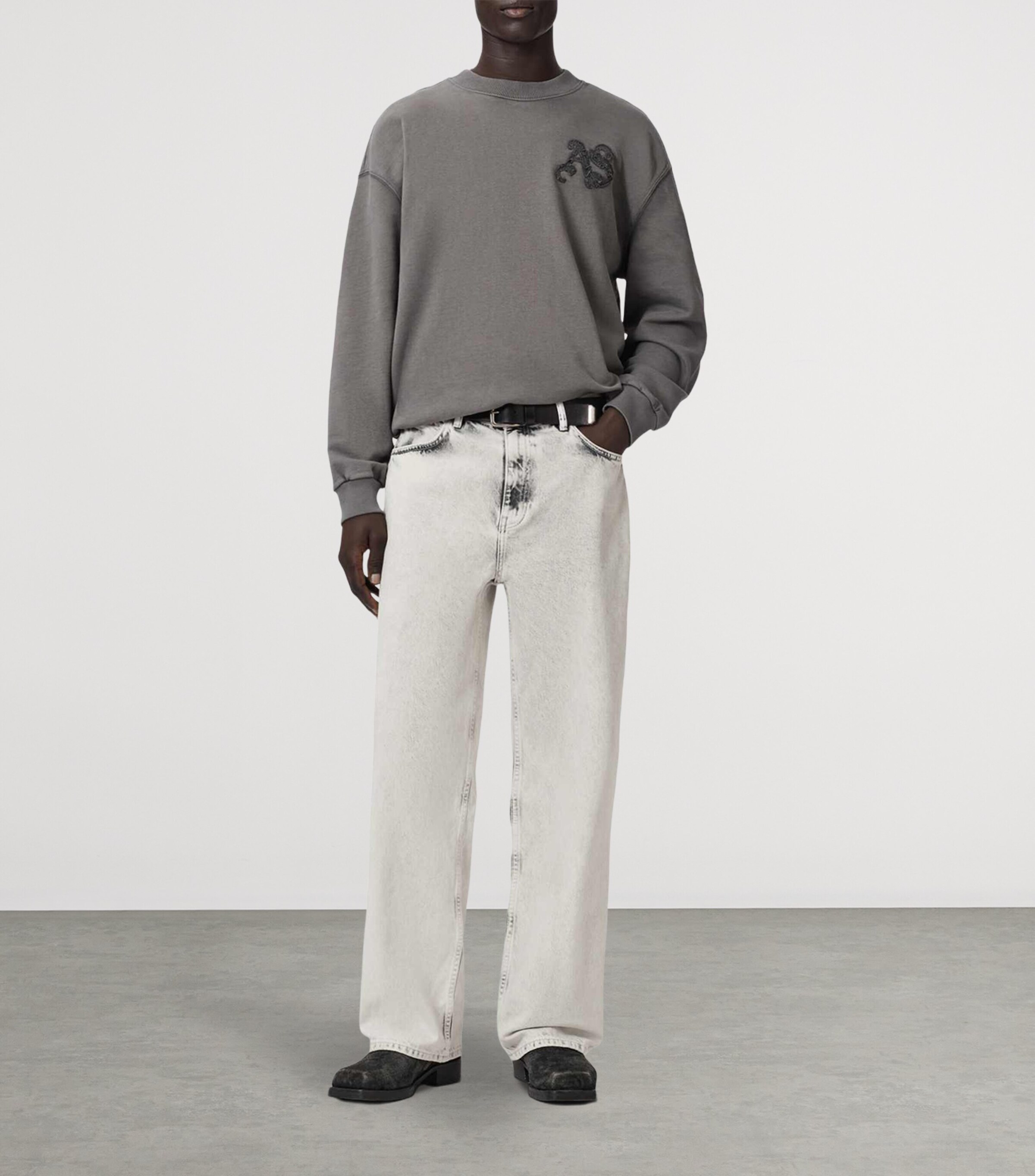 AllSaints Mens Lenny Lux Wide-Leg Jeans Washed Grey Image 6