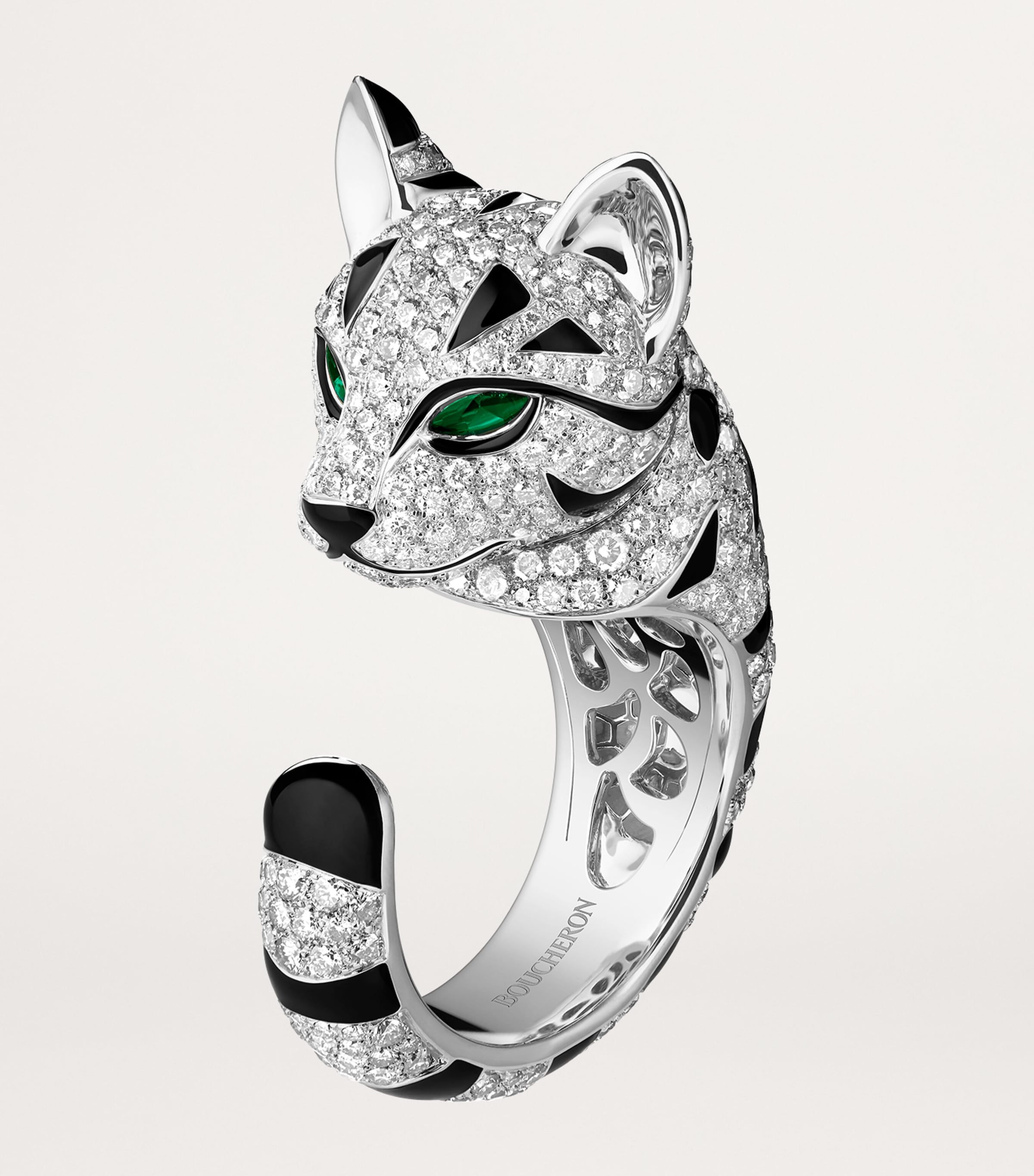 White Gold, Diamond and Emerald Fuzzy, the Leopard Cat Ring WHITE GOLD Image 4
