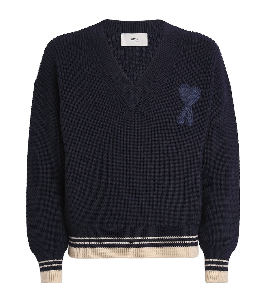 AMI Paris Mens Wool V-Neck Sweater Bleu Image 1
