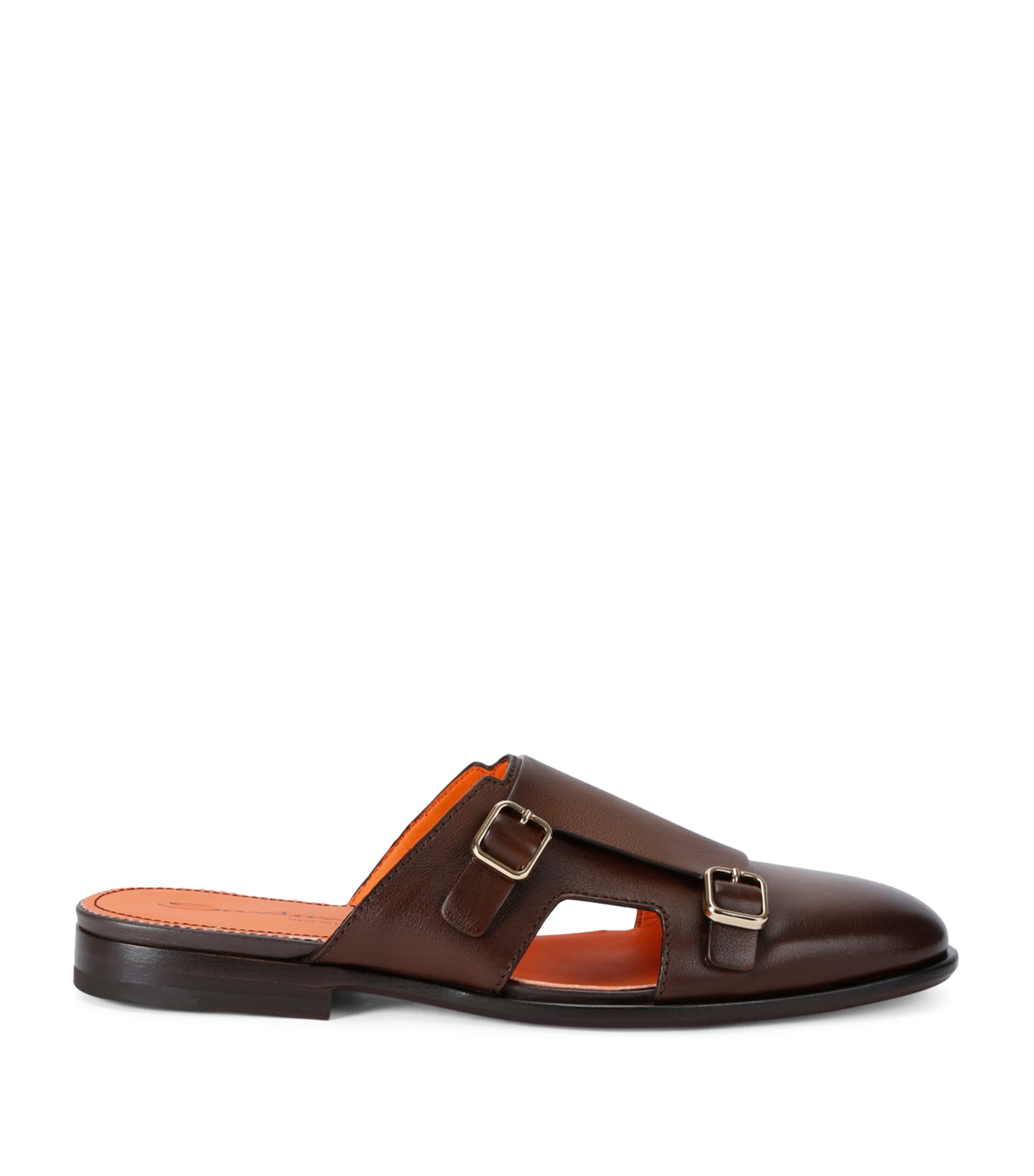 Santoni Mens Dark Brown Monk Double-buckle Leather Mules In Brown
