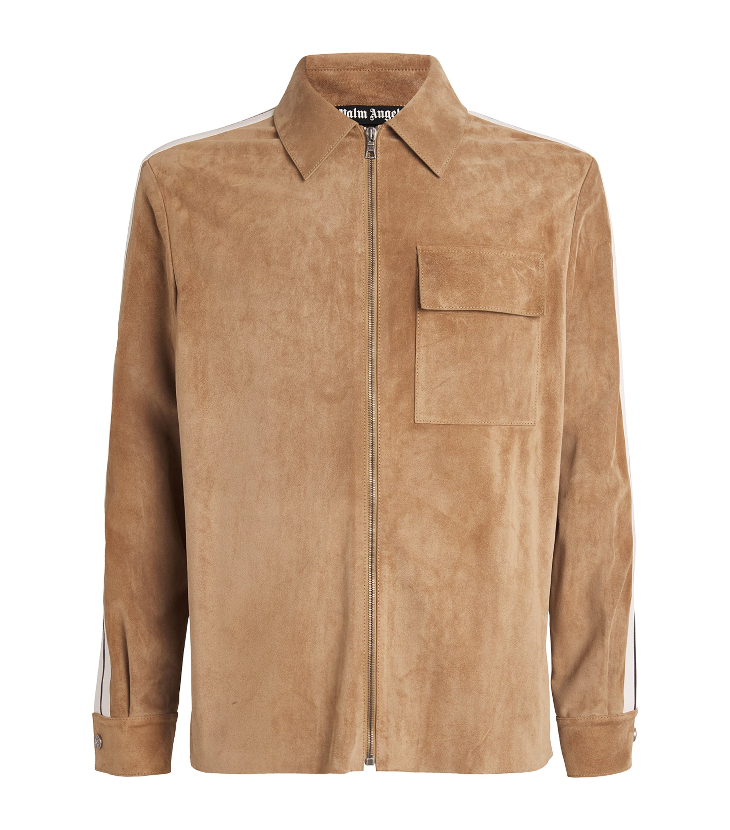 Palm Angels Mens Leather Track-Stripe Overshirt Beige Off White Image 1