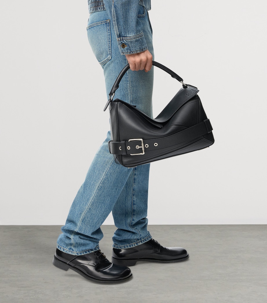 Large Leather Puzzle Edge Top-Handle Bag BLACK Image 9