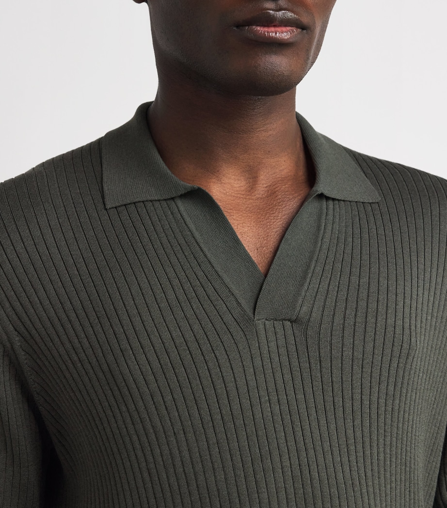 Silk-Cotton Rib-Knit Polo Shirt GNIJ-DUSK GREEN Image 6