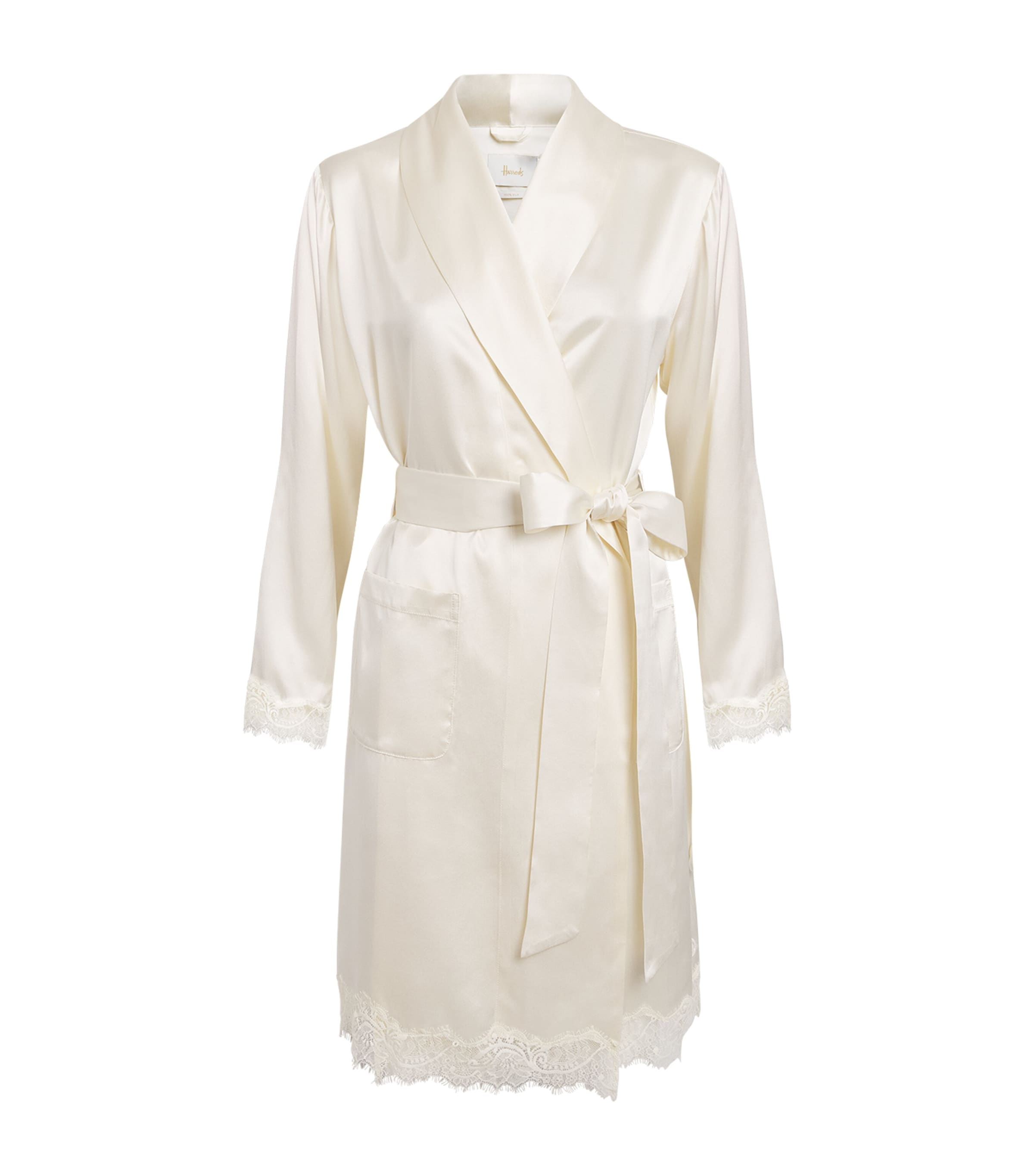 Harrods Womens Silk Lace-Trim Short Night Robe Ivory Image 1