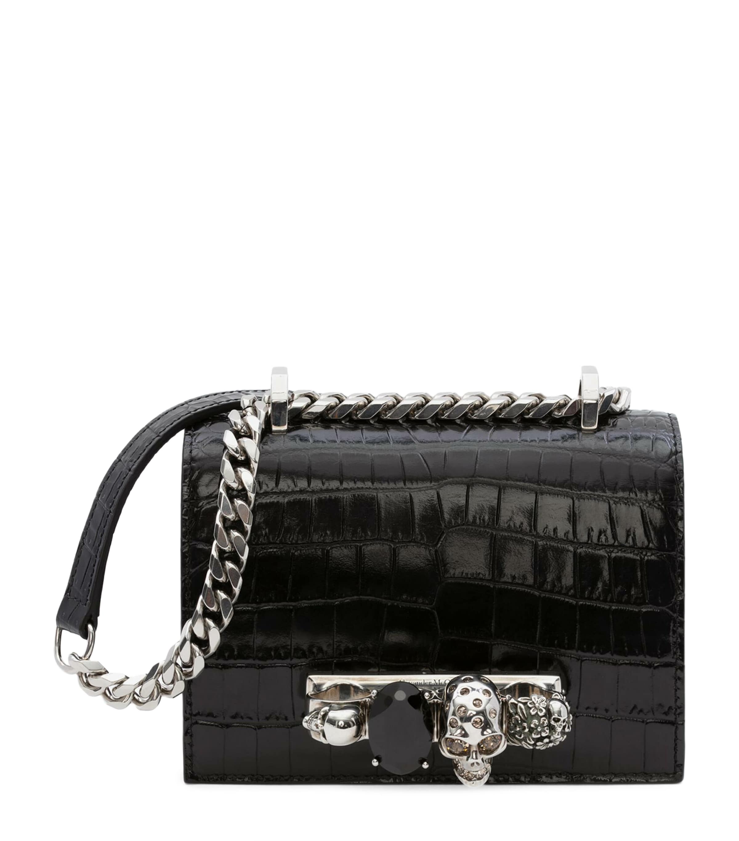 Shop Alexander Mcqueen Leather Croc-embossed Satchel In Black