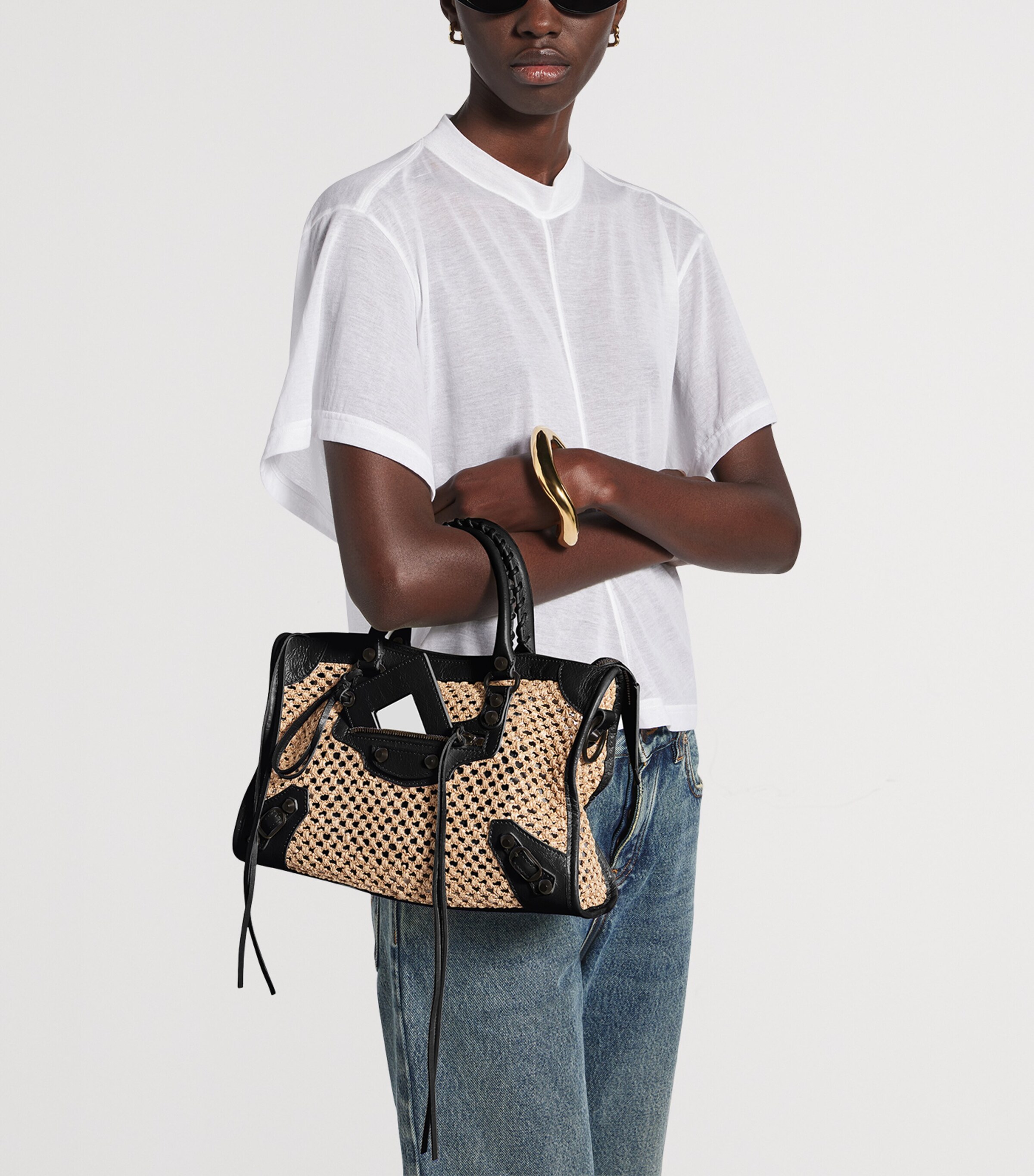 Balenciaga Small Raffia-Lambskin Le City Top-Handle Bag Image 4