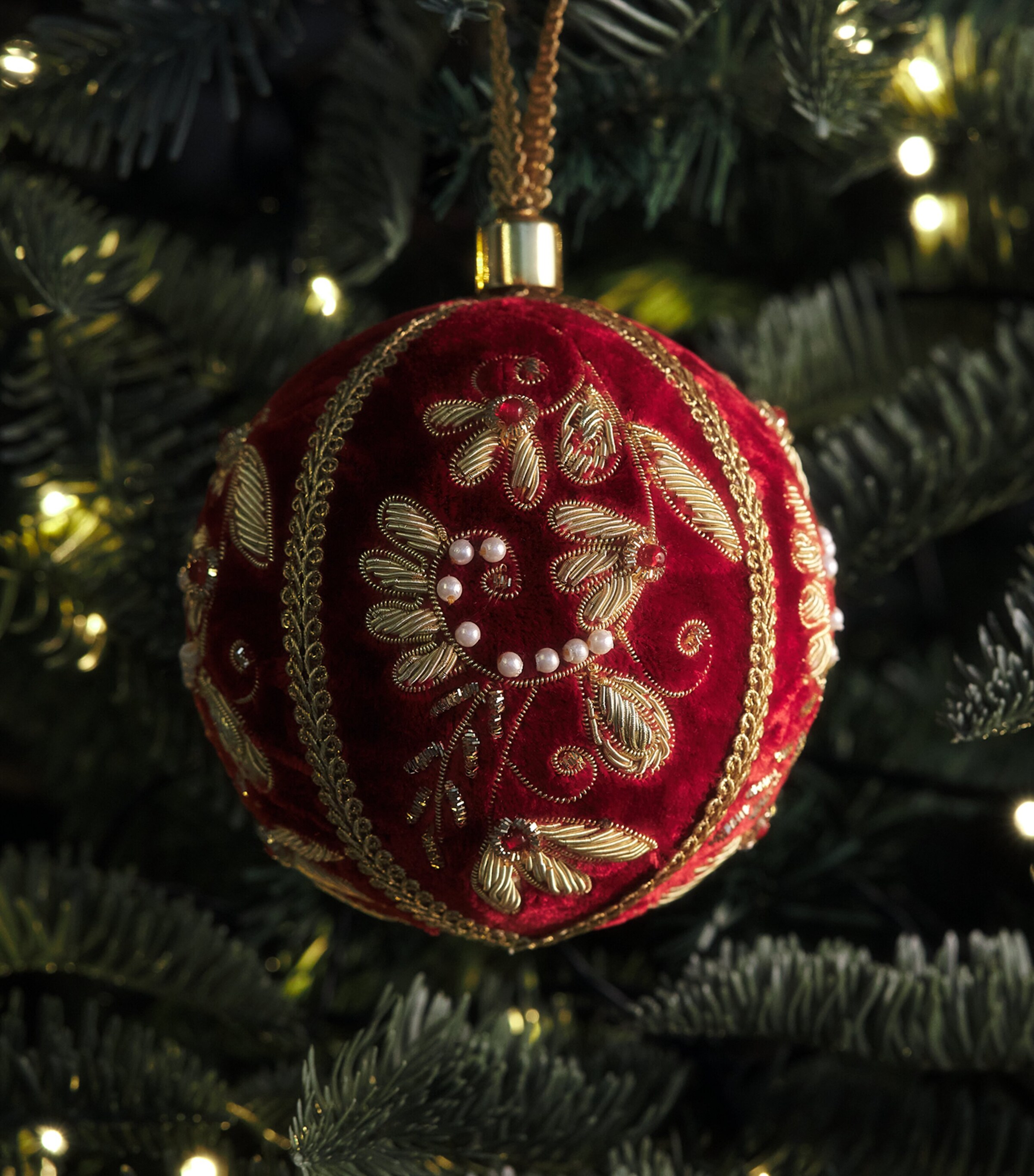 Harrods Velvet Floral-Embroidered Bauble Red Image 4