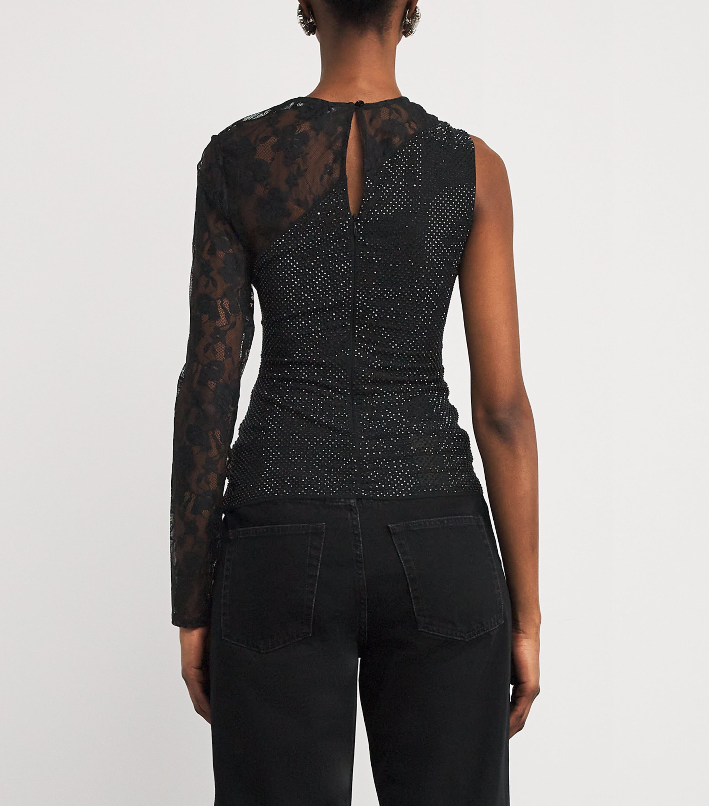 Tシャツ・カットソー SELF PORTRAIT TOP WITH RHINESTONE AND LACE SLEEVES Black Rhinestone Lace Sleeve Top – self-portrait-US