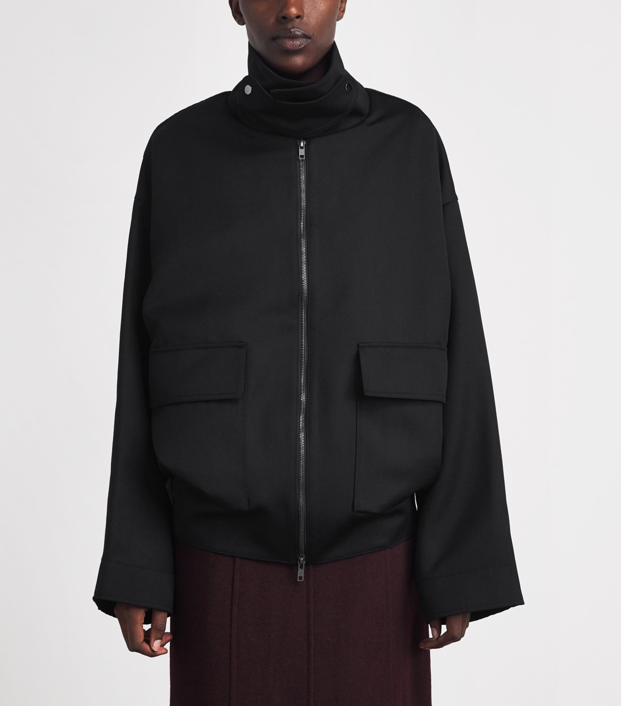 Birrot Womens Oversized Funnel-Neck Bomber Jacket Black Image 4