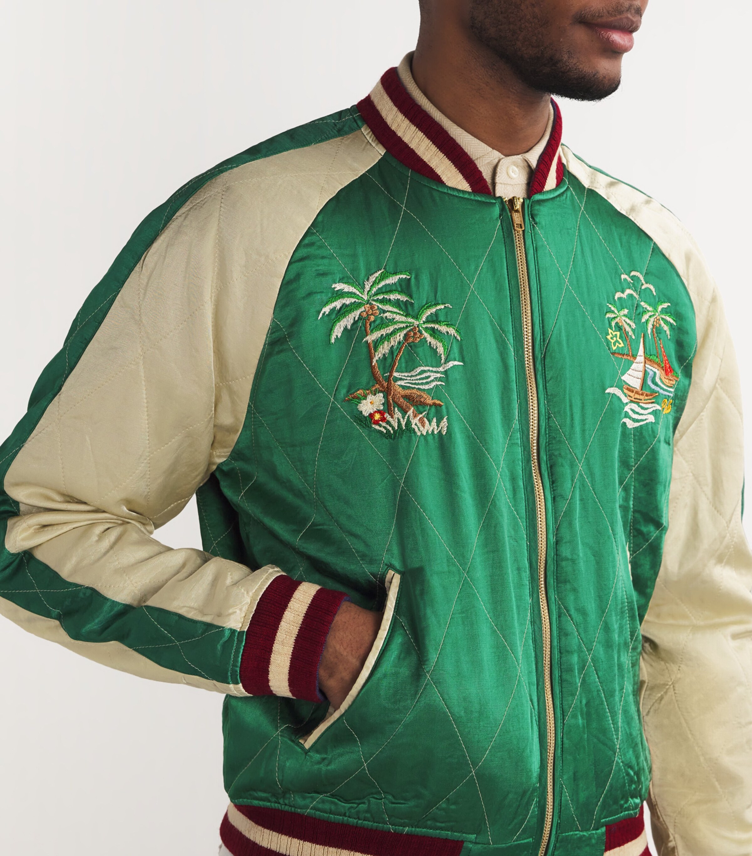 Polo Ralph Lauren Mens Satin Quilted Bomber Jacket Green/beig Image 6