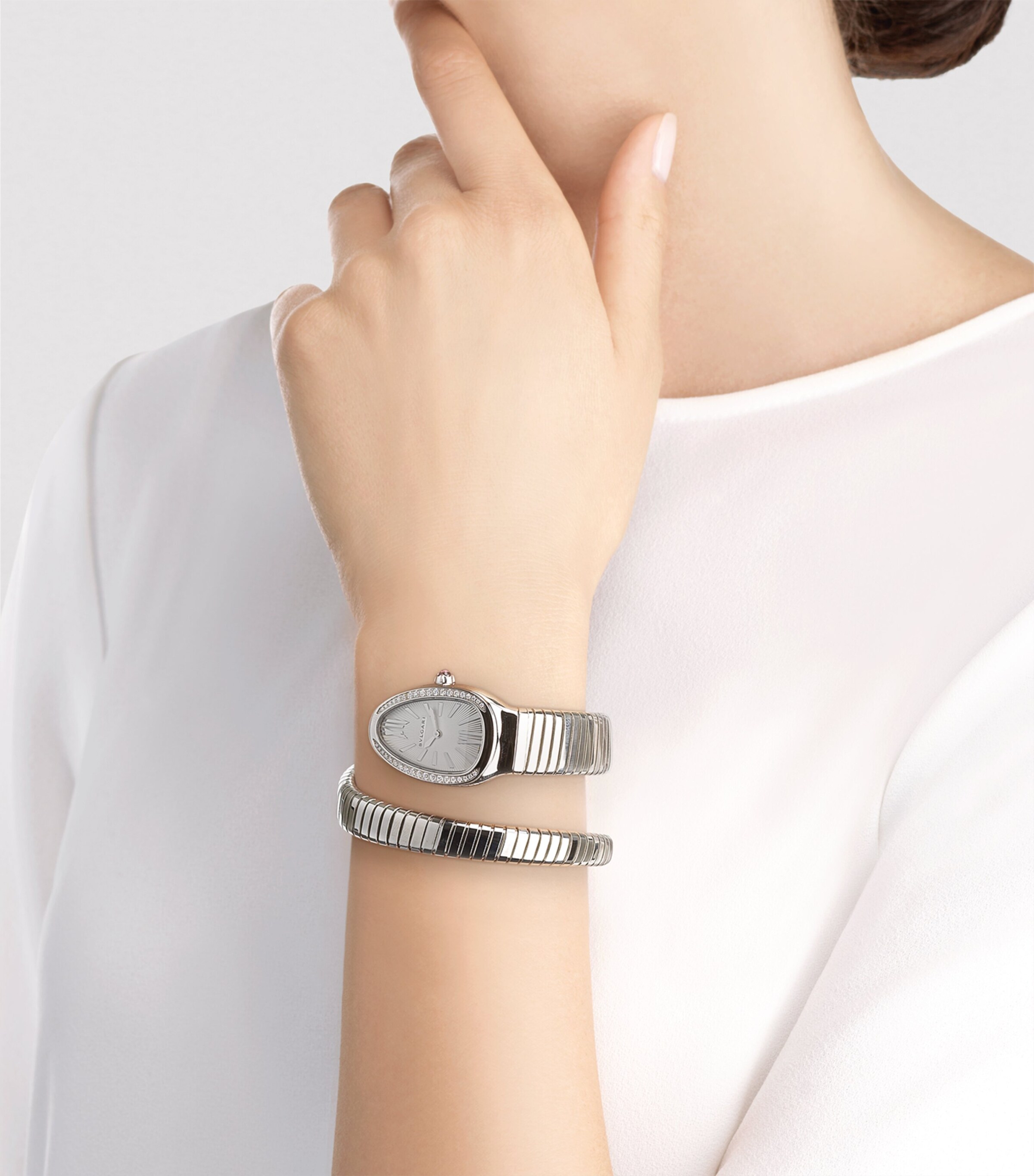 Bvlgari Stainless Steel and Diamond Serpenti Tubogas Watch 35mm White Image 4