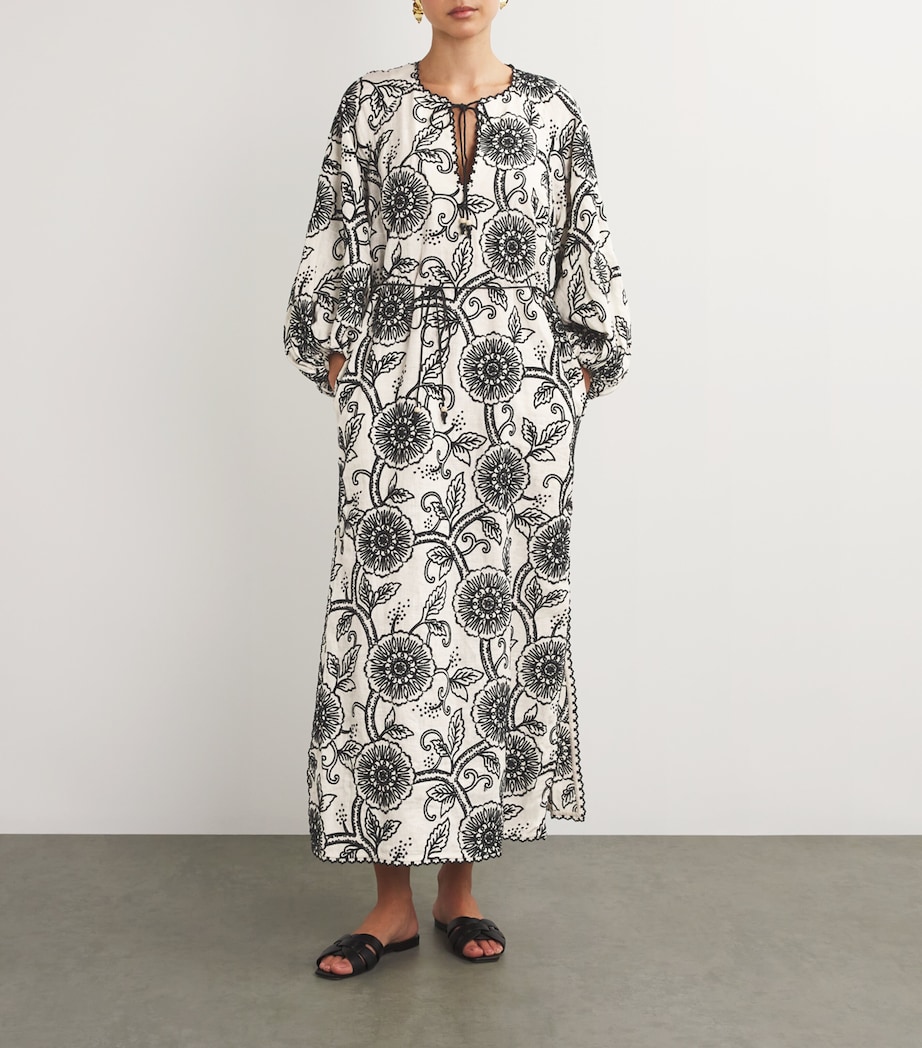Linen Embroidered Midi Dress IVORY/BLACK Image 2