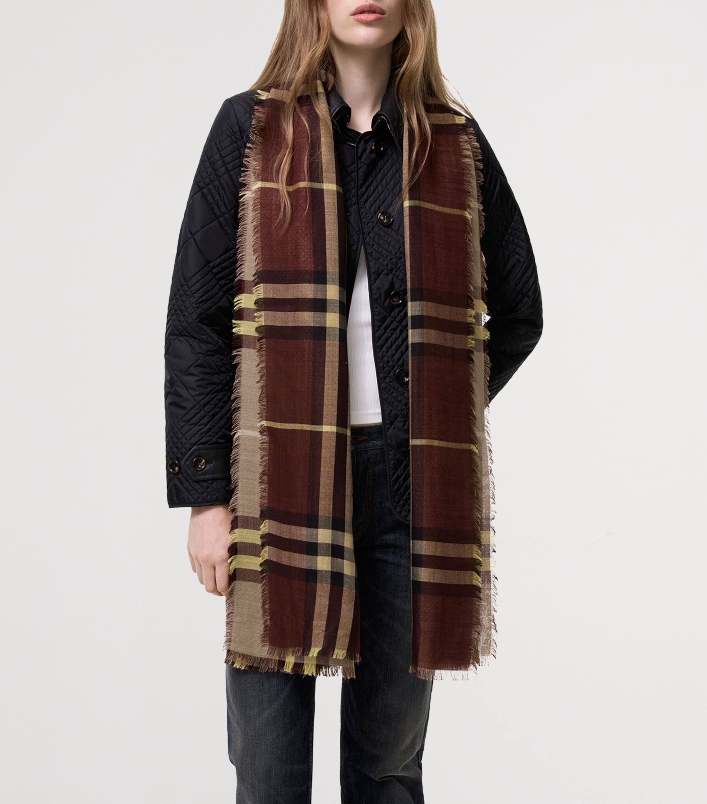 Burberry Wool-Silk Reversible Check Scarf Vineyard Red Check Image 4