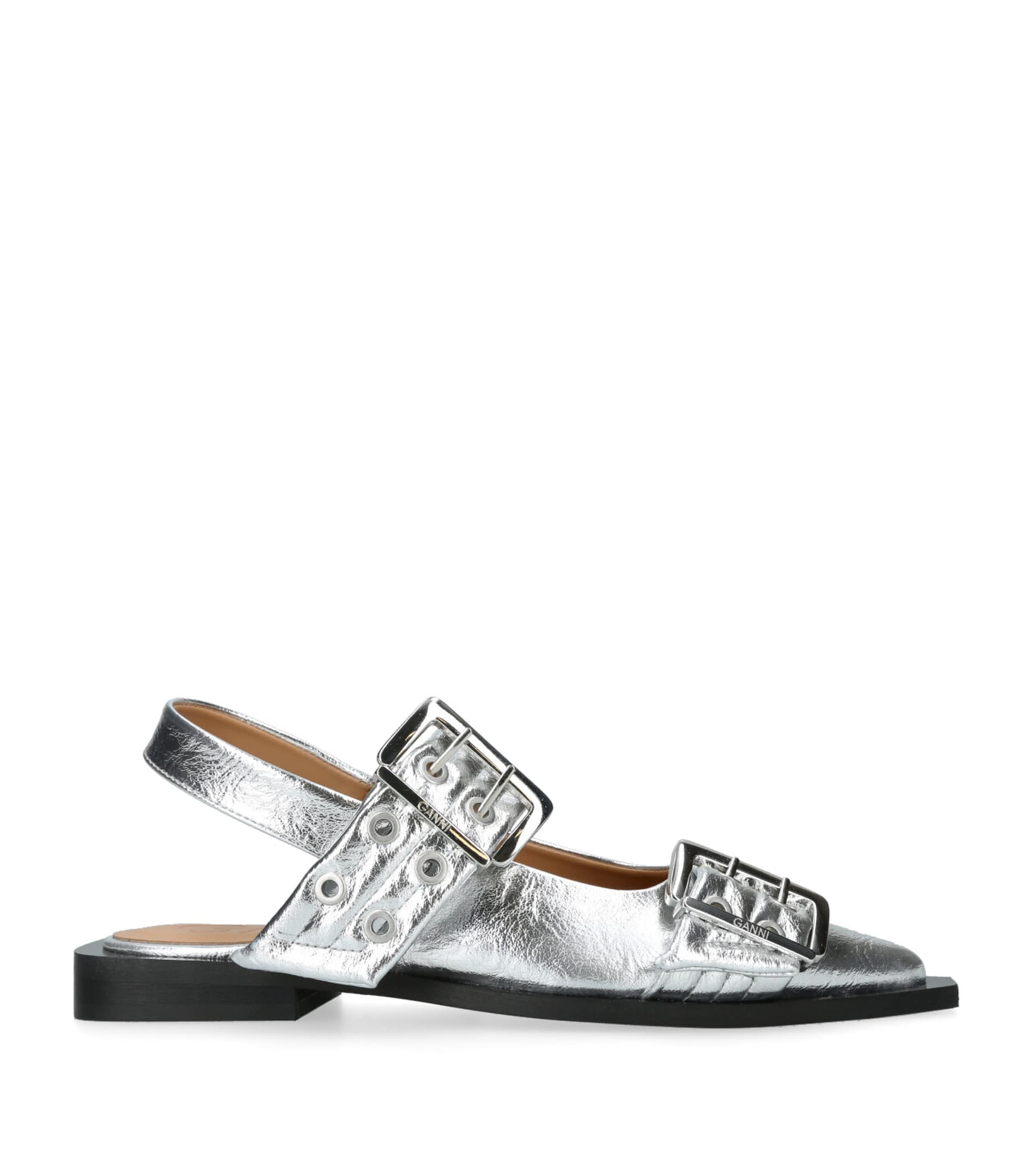 Shop Ganni Buckle Ballerina Ballet Flats In Silver