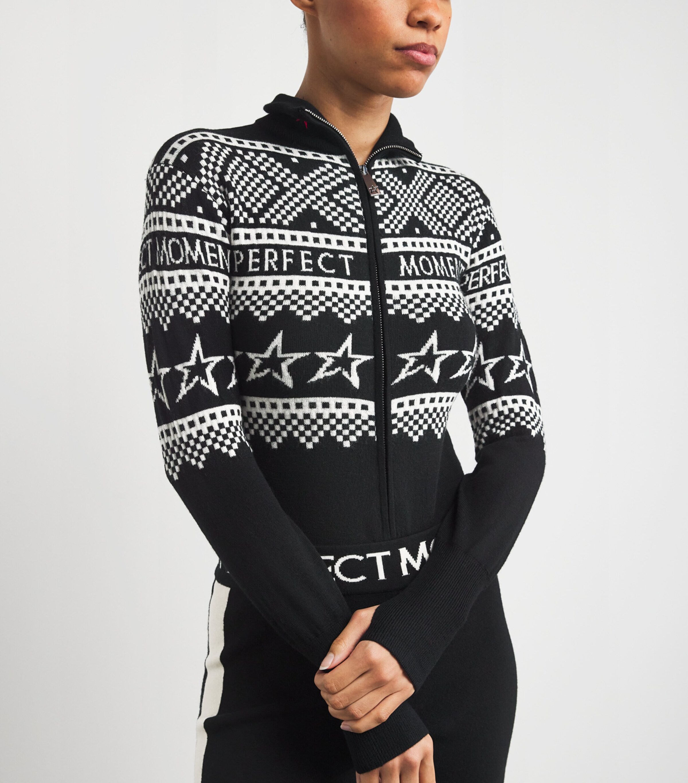 Perfect Moment Womens Merino Wool Intarsia-Knit Bodysuit Black/white Image 7