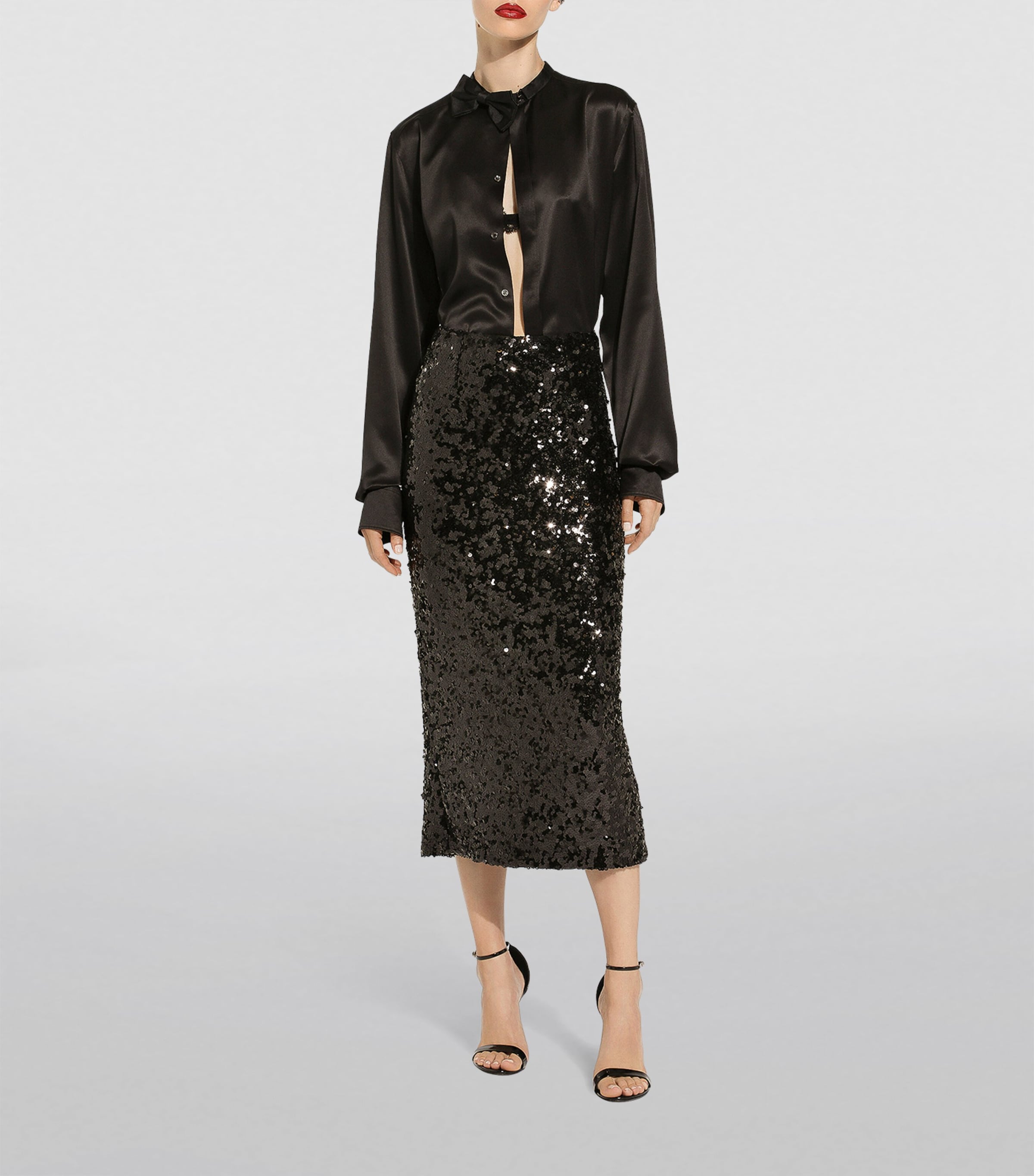 Sequinned Midi Pencil Skirt N0000-BLACK Image 2