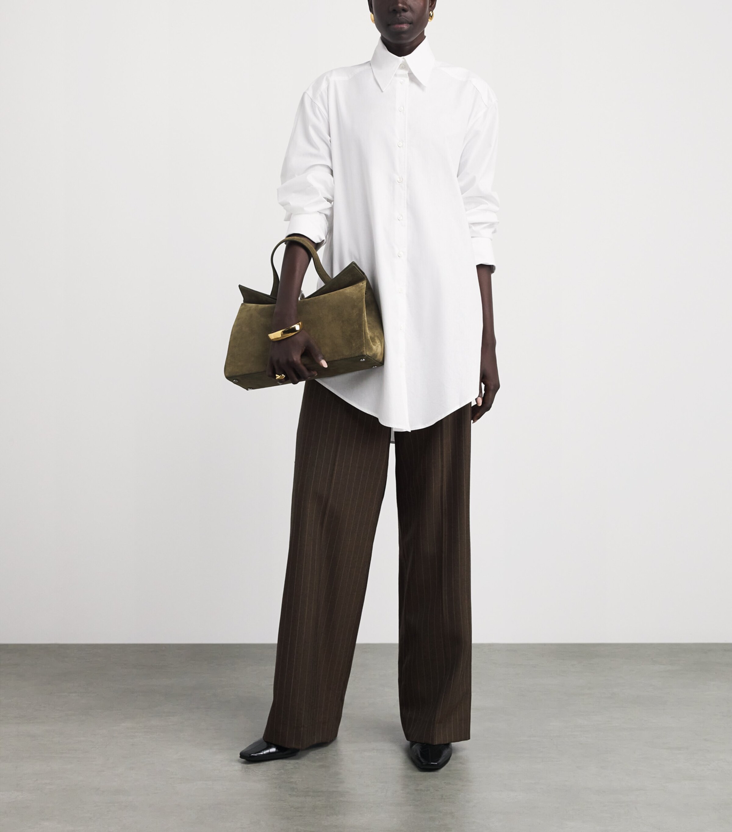 Laura Pitharas Womens Wool Wide-Leg Trousers Chocolate Pinstripe Image 2