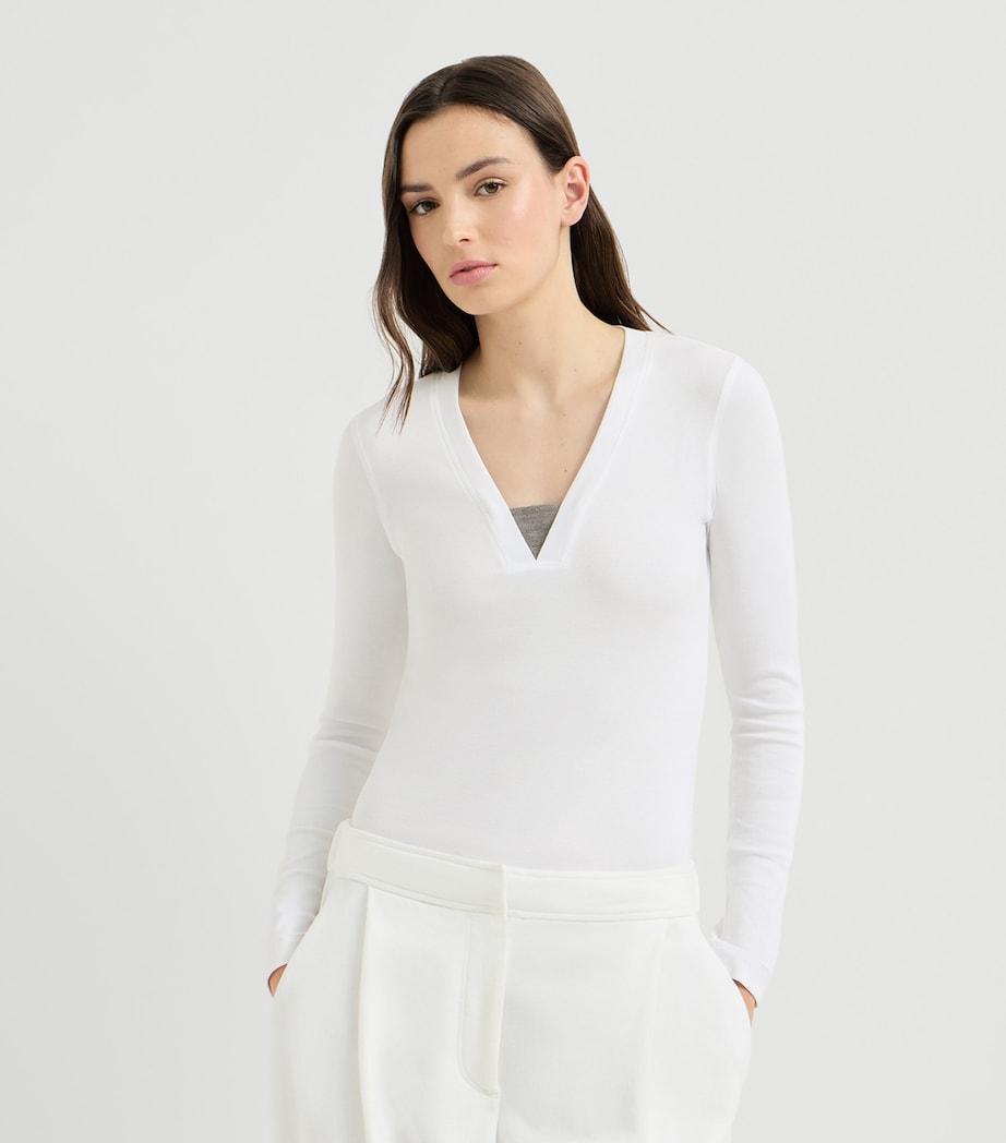 Brunello Cucinelli Womens Monili Long-Sleeve V-Neck T-Shirt White Image 4