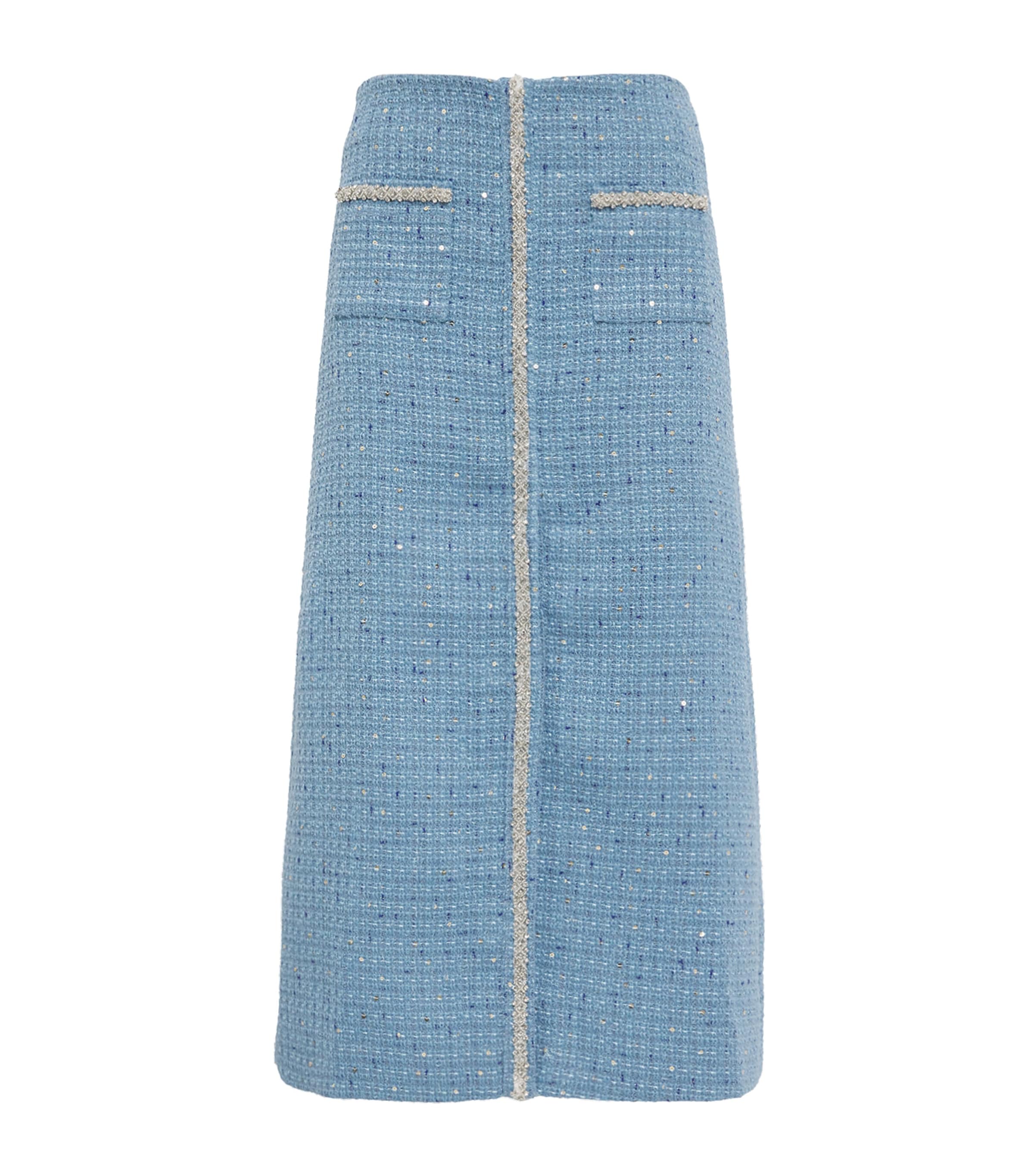Maje Tweed Sequinned Midi Skirt In Blue