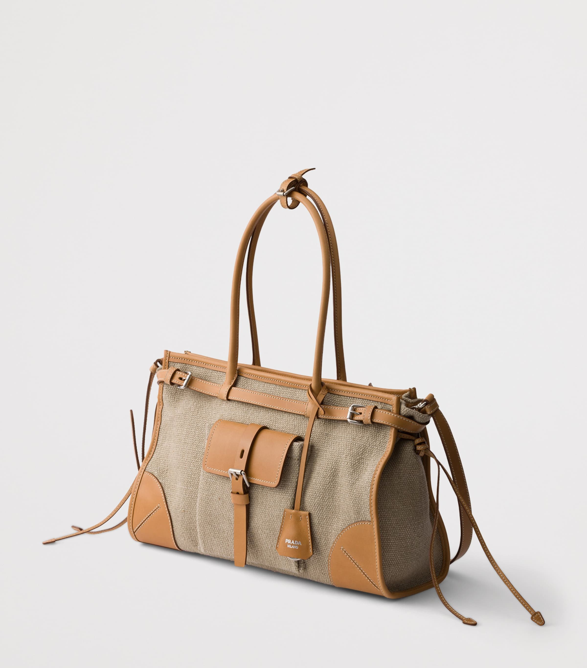 Prada Womens Small Linen Bonnie Shoulder Bag Neutral Image 5