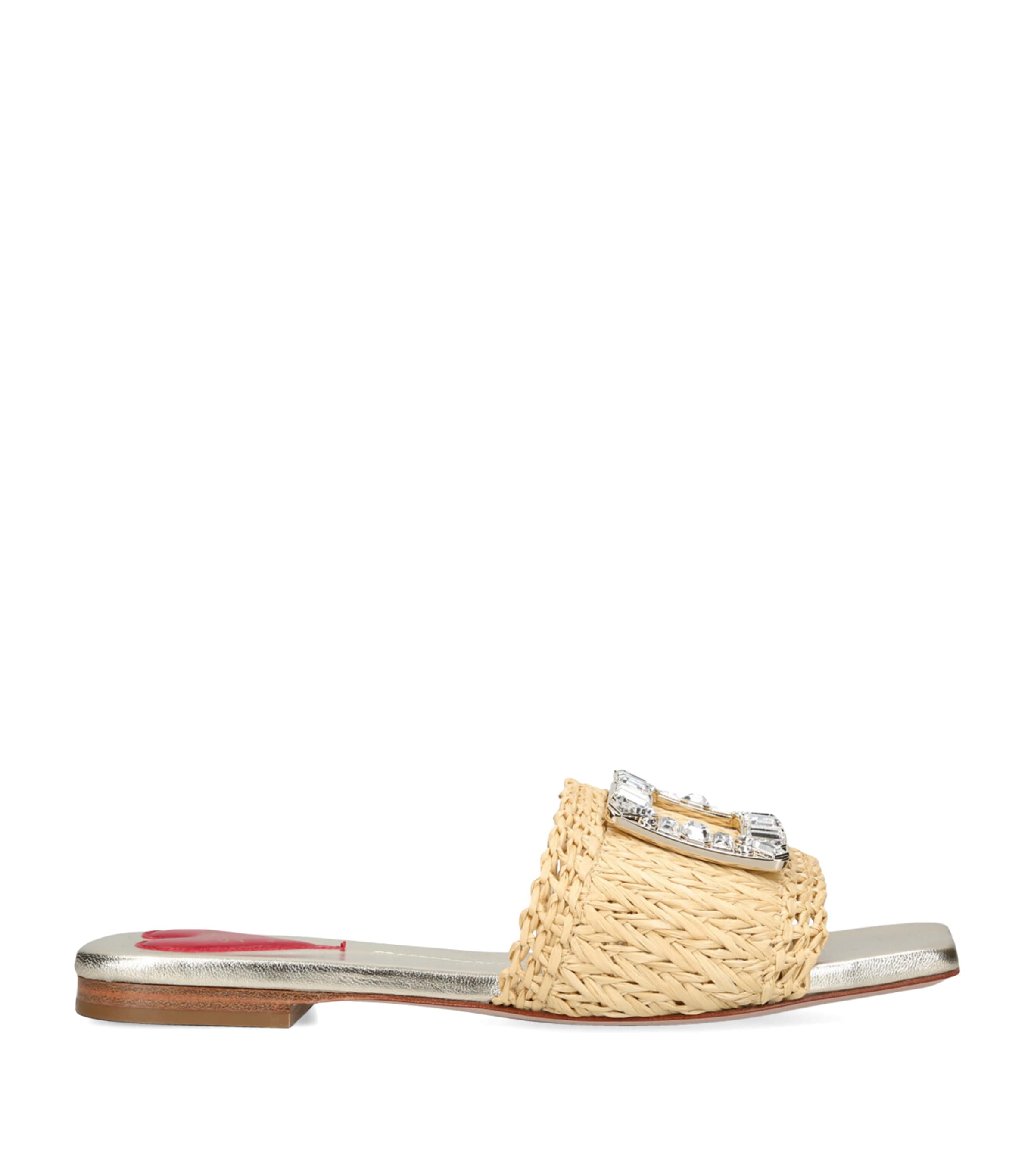 Roger Vivier Raffia Strass Buckle Mules In Beige