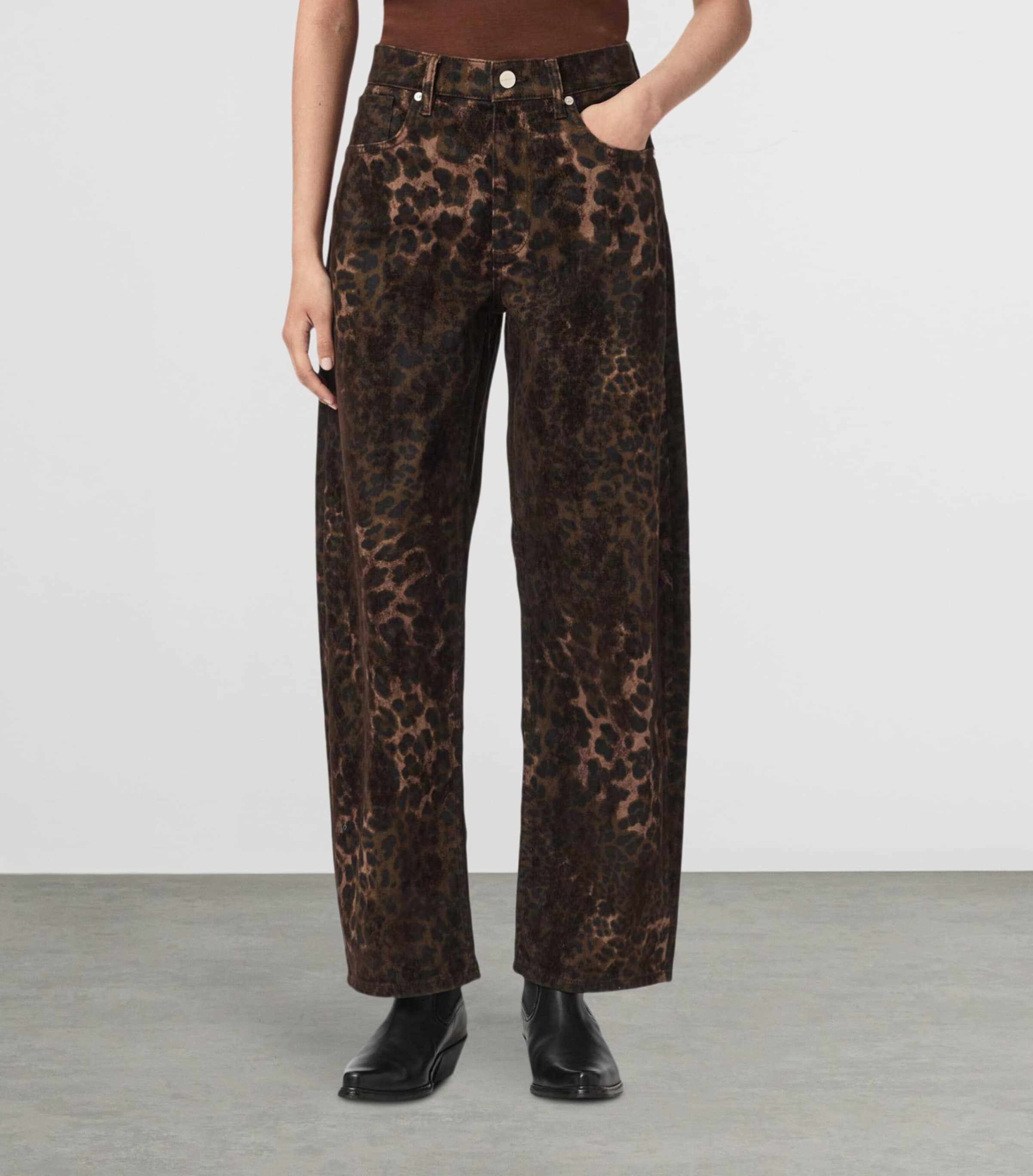 AllSaints Womens Leopard Print Sadie Barrel-Leg Jeans Leppo Brown Image 5