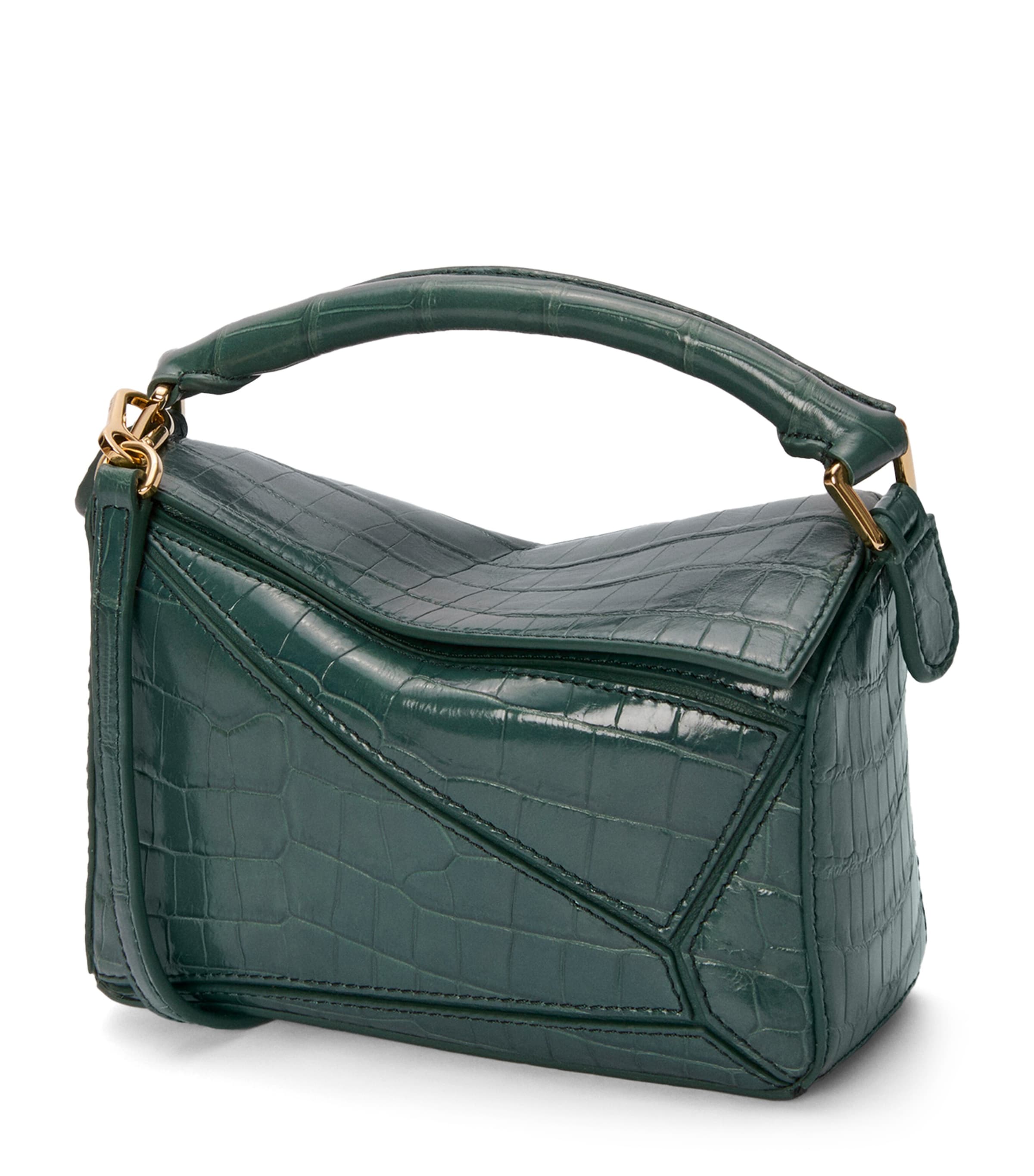 Shop Loewe Exclusive Mini Crocodile Skin Puzzle Top-handle Bag In Green