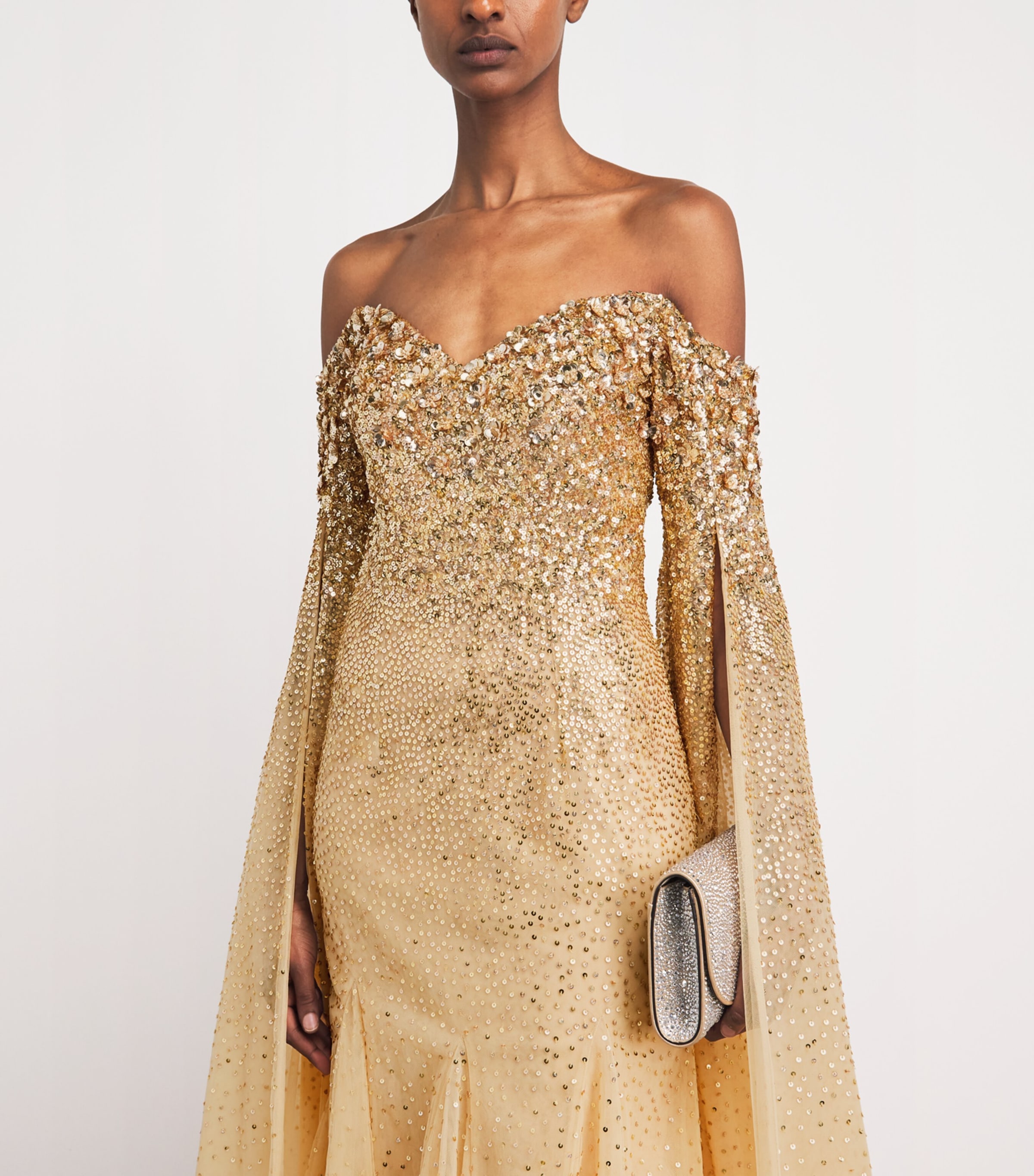 Pamella Roland Womens Sequinned Cape-Sleeve Gown Gold Image 3