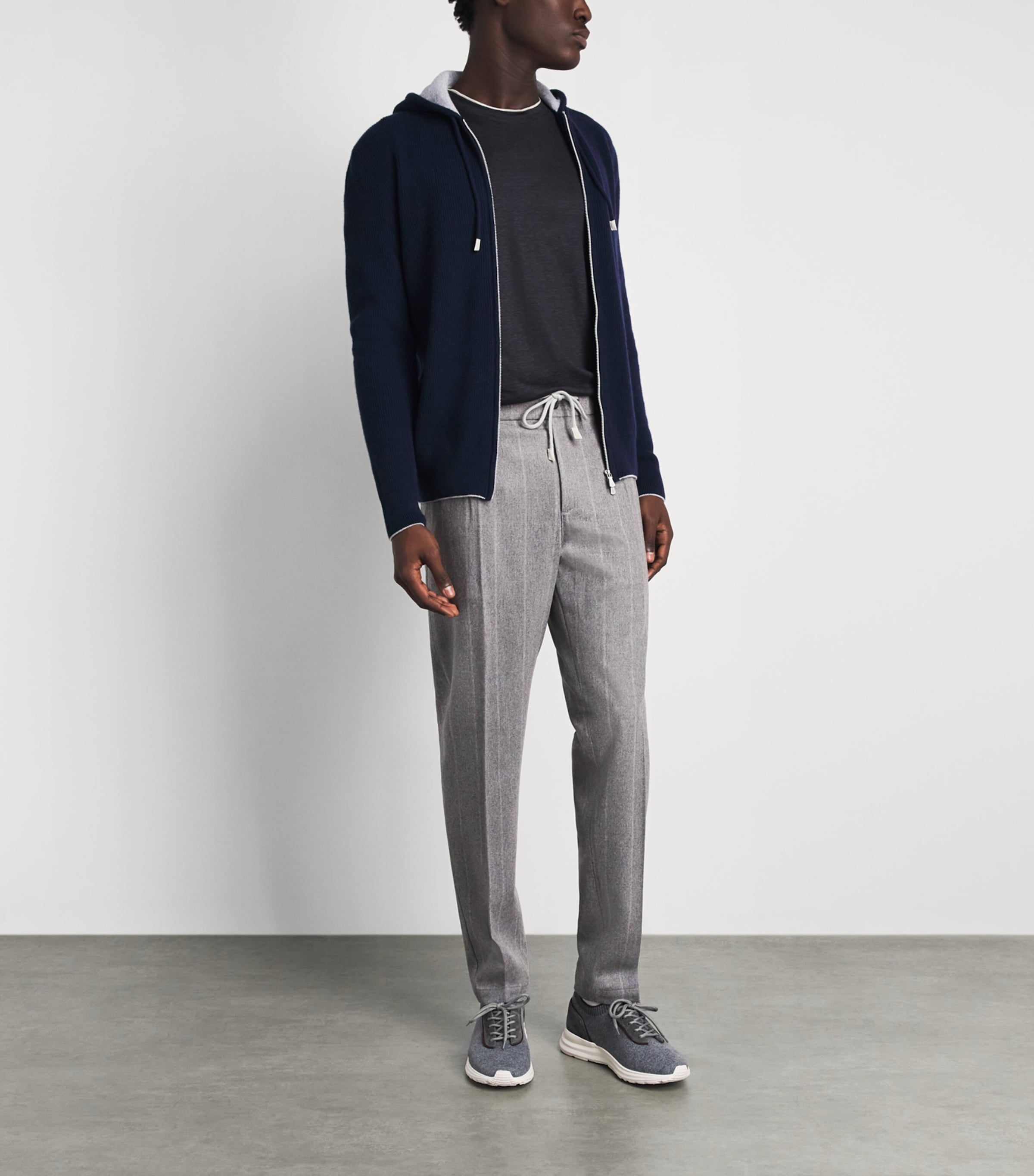Eleventy Mens Wool-Blend Stripe Drawstring Trousers Grigio Chiaro Melang Image 2