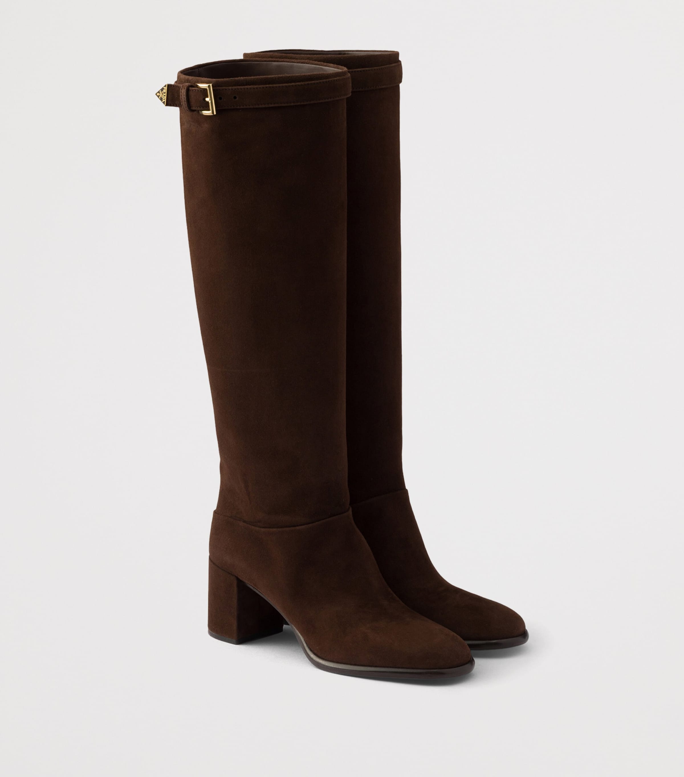 Prada Womens Suede Knee-High Heeled Boots 65 Brown Image 2