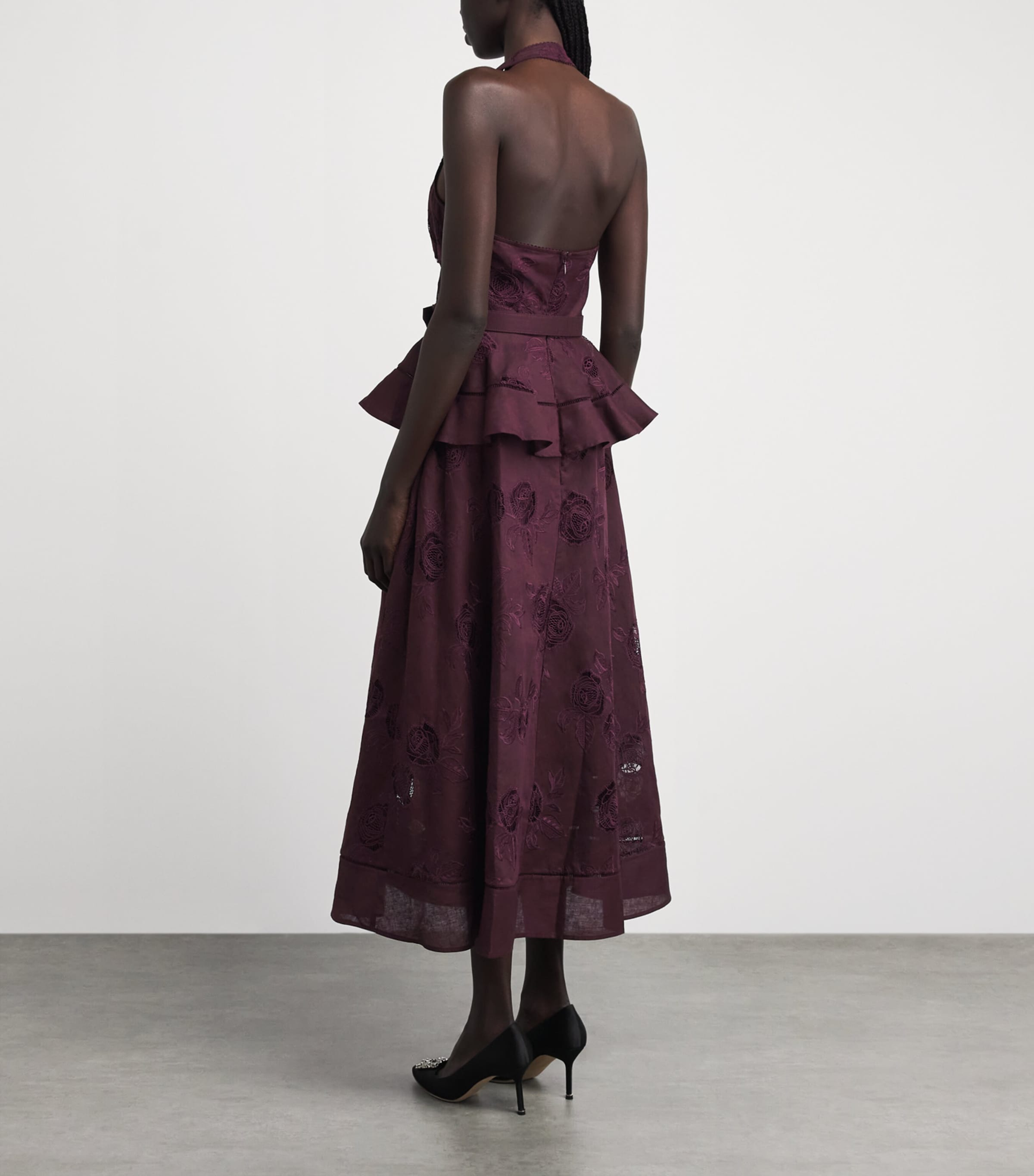 Self-Portrait Burgundy Linen-Cotton Embroidered Midi Dress | Harrods US