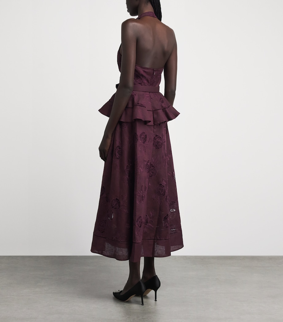 Self-Portrait Burgundy Linen-Cotton Embroidered Midi Dress | Harrods US Self-Portrait Burgundy Linen-Cotton Embroidered Midi Dress | Harrods US