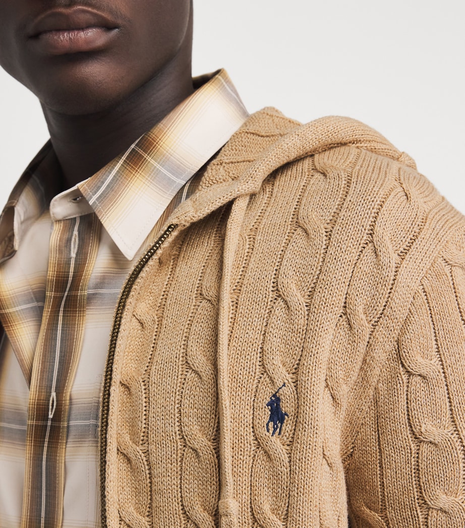 Polo Ralph Lauren Mens Cotton Cable-Knit Zip-Up Hoodie Camel Melange Image 3
