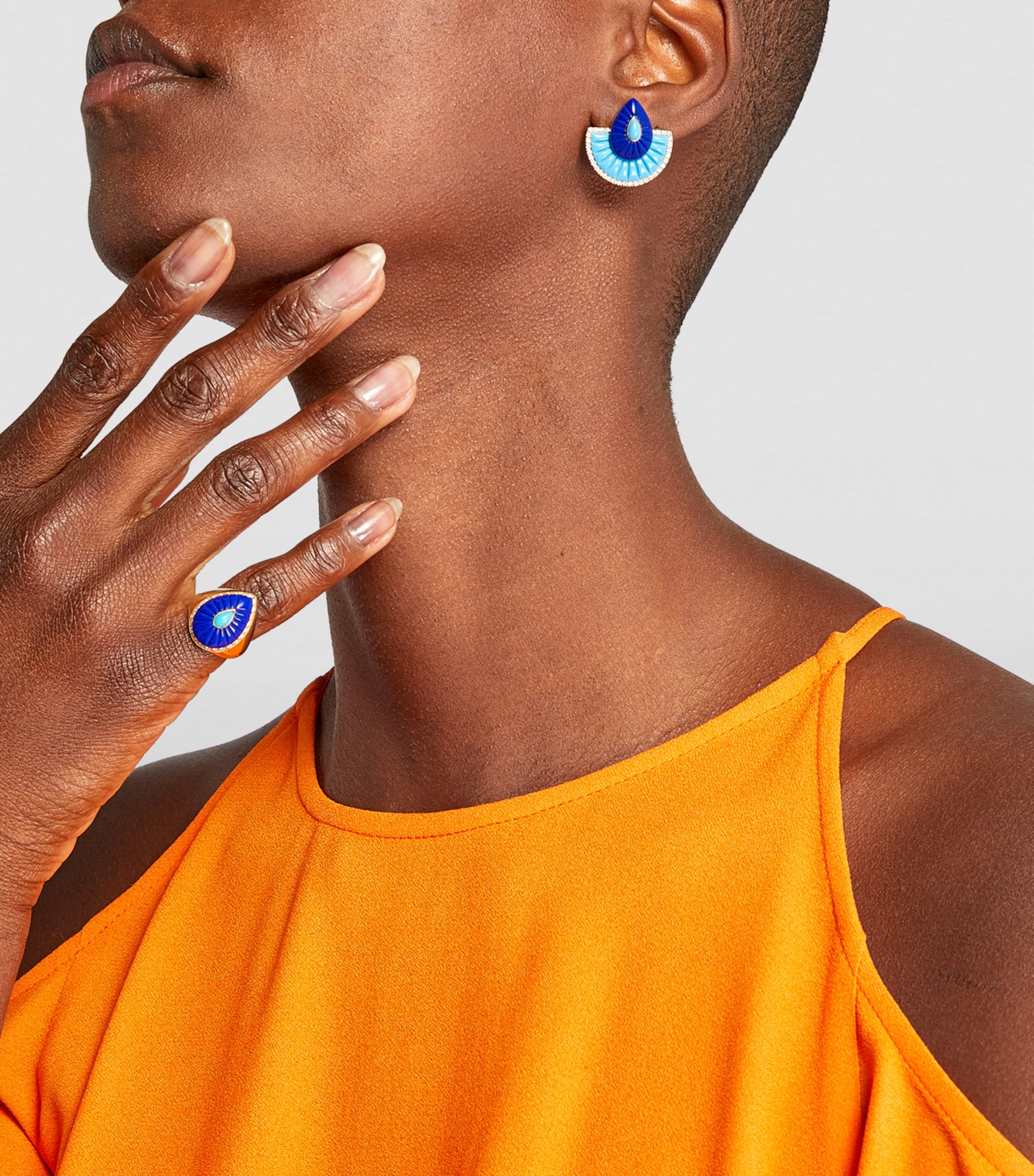 Yellow Gold, Lapis, Turquoise and Diamond Bond Fan Earrings TURQUOISE Image 4