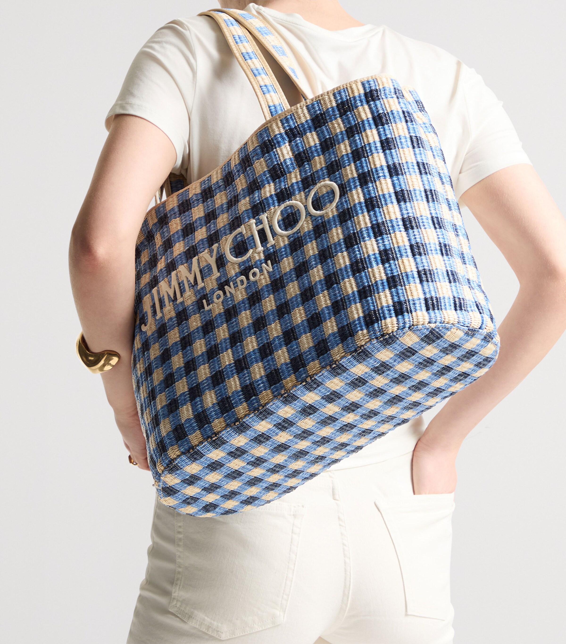 Jimmy Choo Raffia Gingham Tote Bag Marine Mix/ecru Image 2