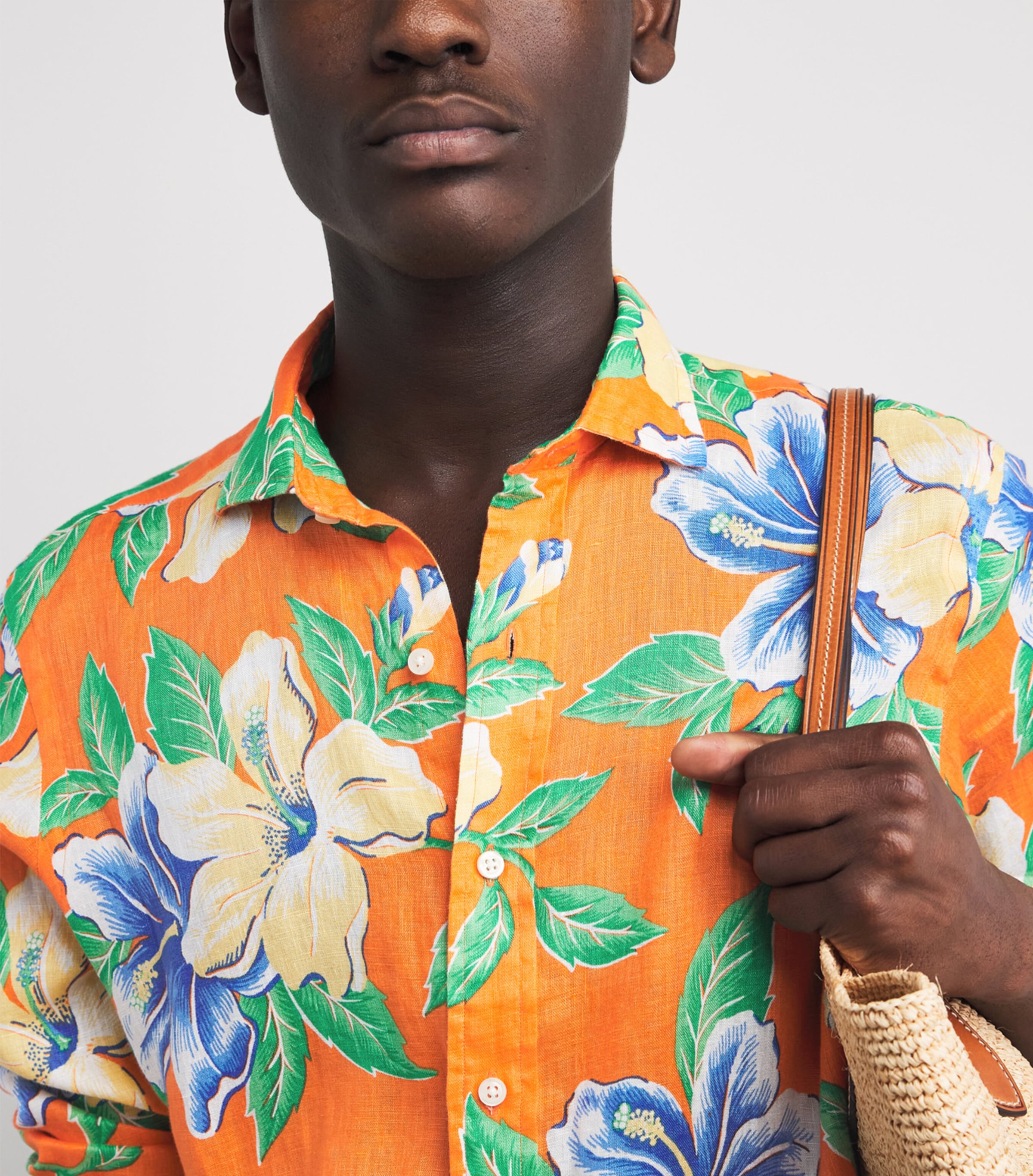 Polo Ralph Lauren Mens Linen Tropical Floral Print Shirt Orange Hibiscs Image 3