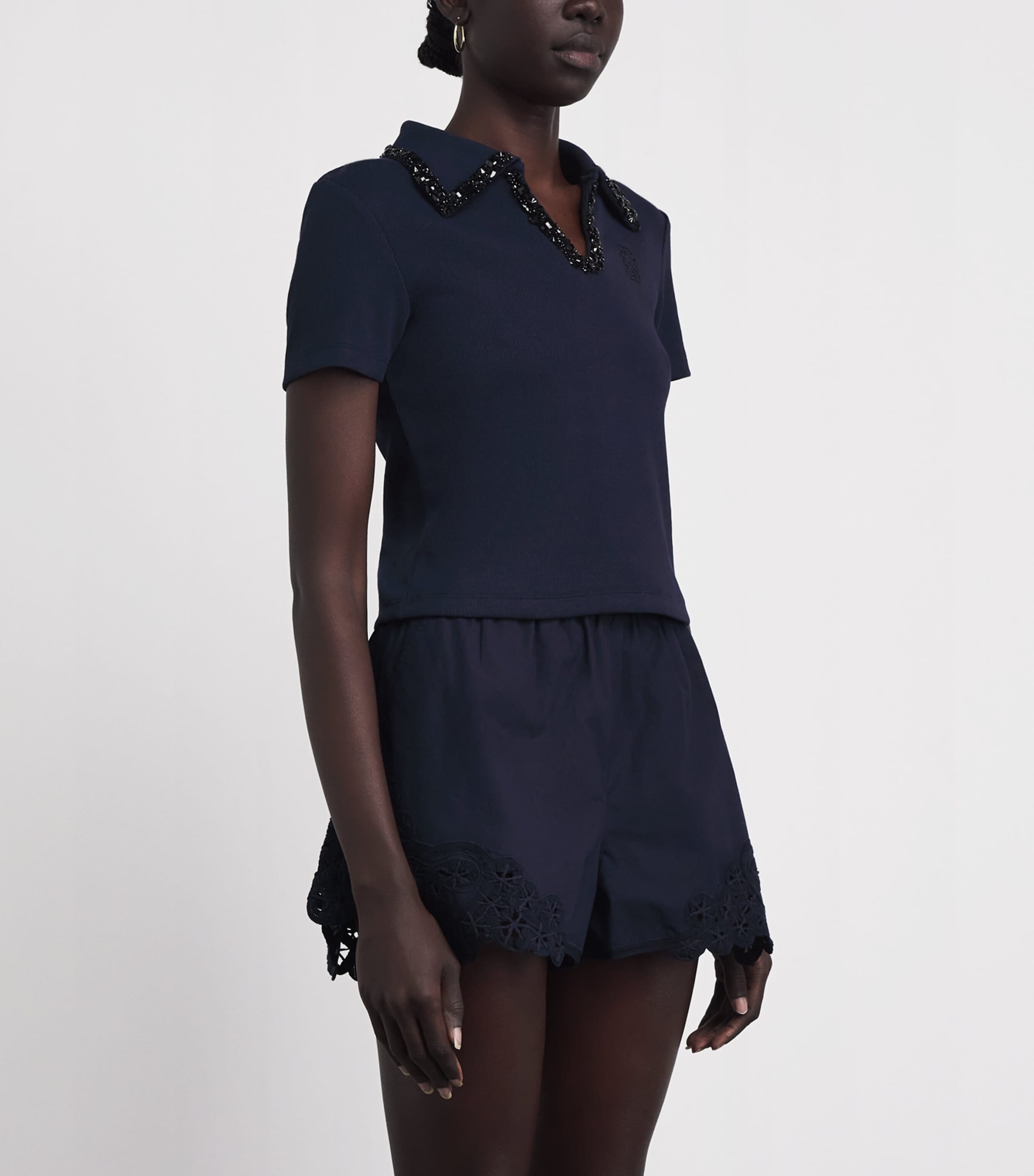 Sandro Paris Womens Stretch-Cotton Embellished Polo Top Navy Blue Image 4
