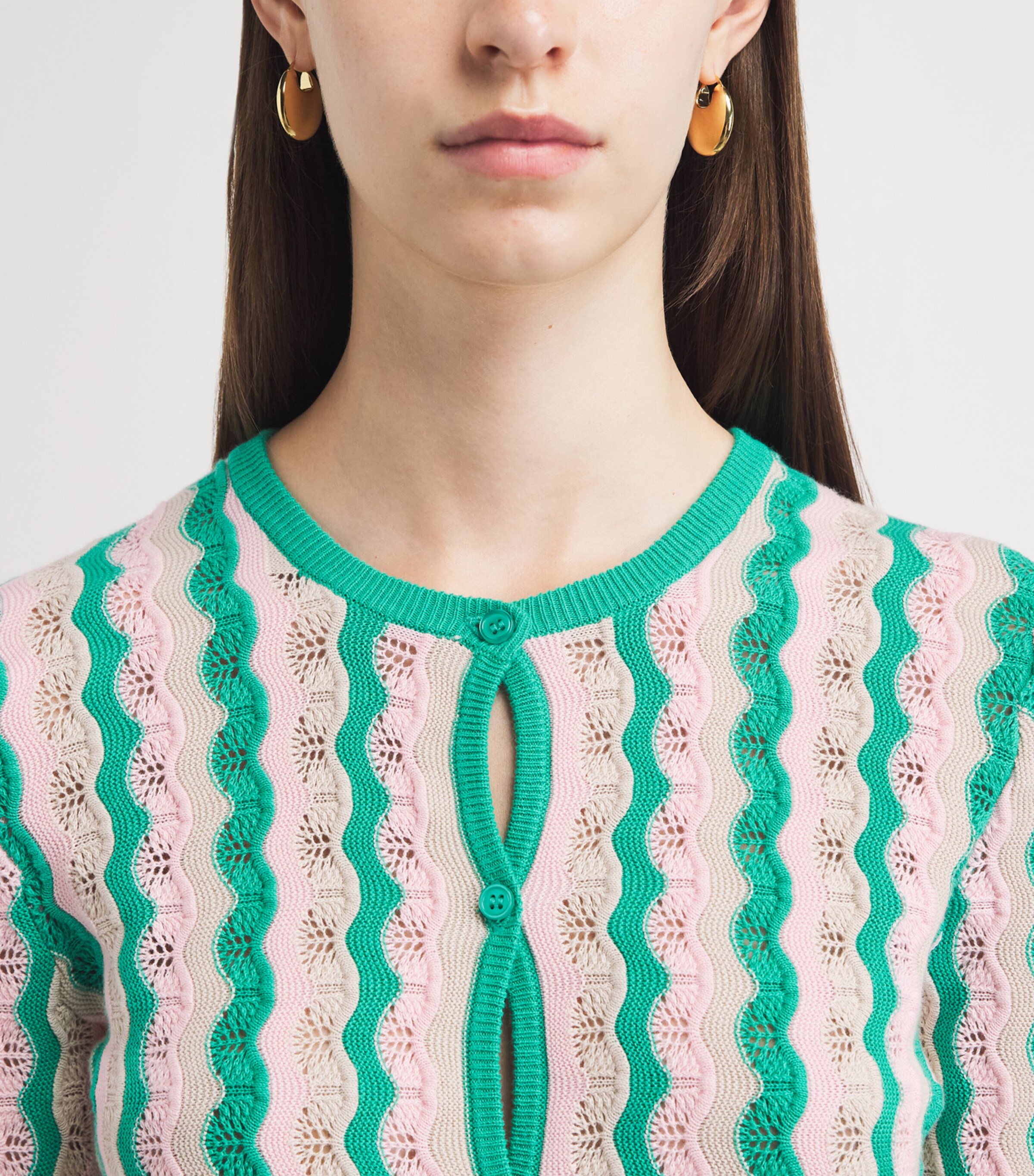 MOTHER Womens Cotton Pointelle Stripe Cardigan Poi Green Pink Combo Image 3