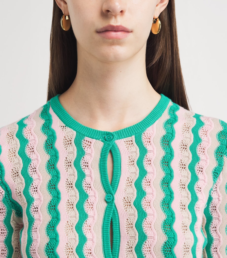 MOTHER Womens Cotton Pointelle Stripe Cardigan Poi Green Pink Combo Image 3