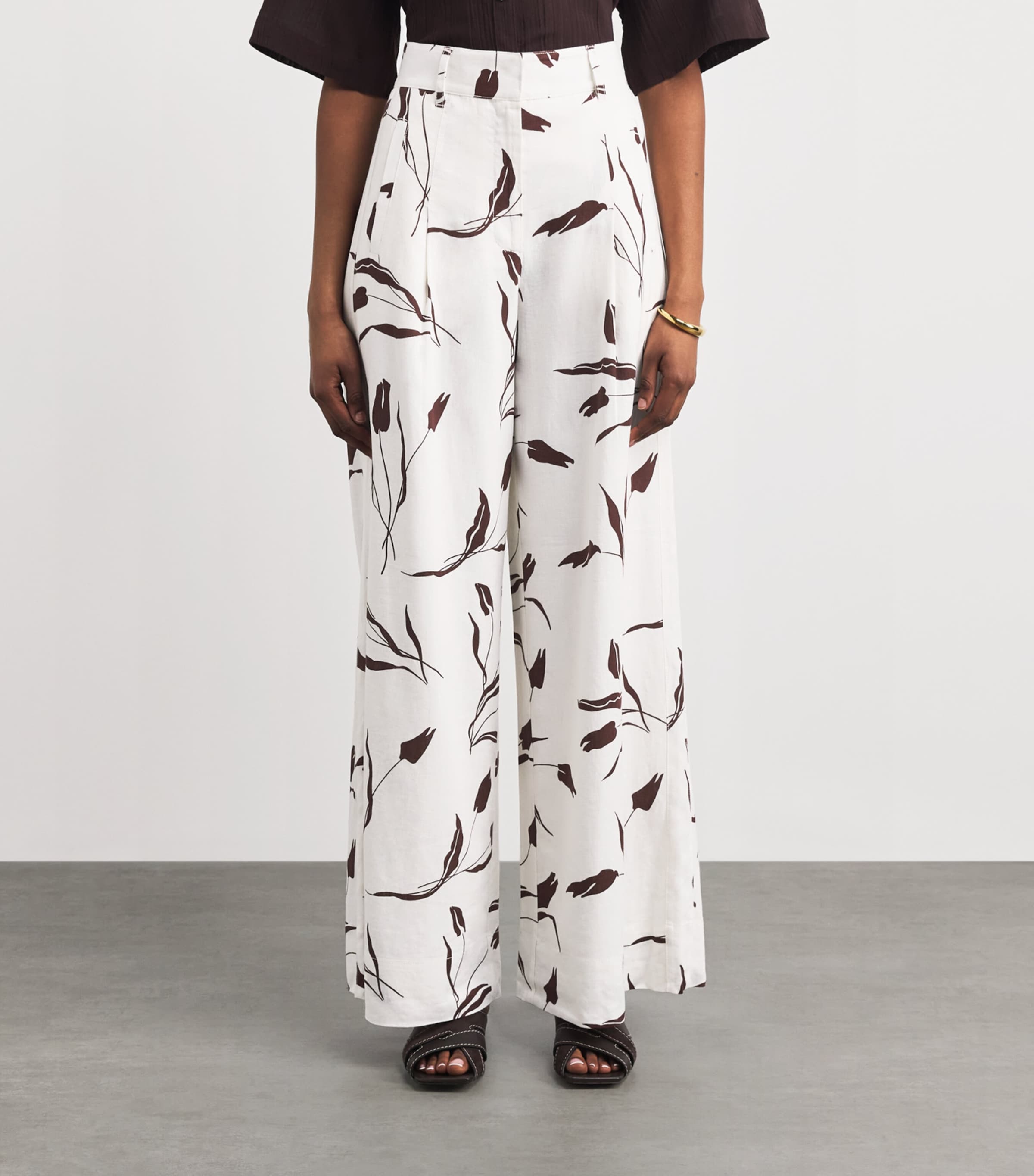 ME+EM Womens Linen-Blend Tulip Print Wide-Leg Trousers Light Cream/brown Image 4