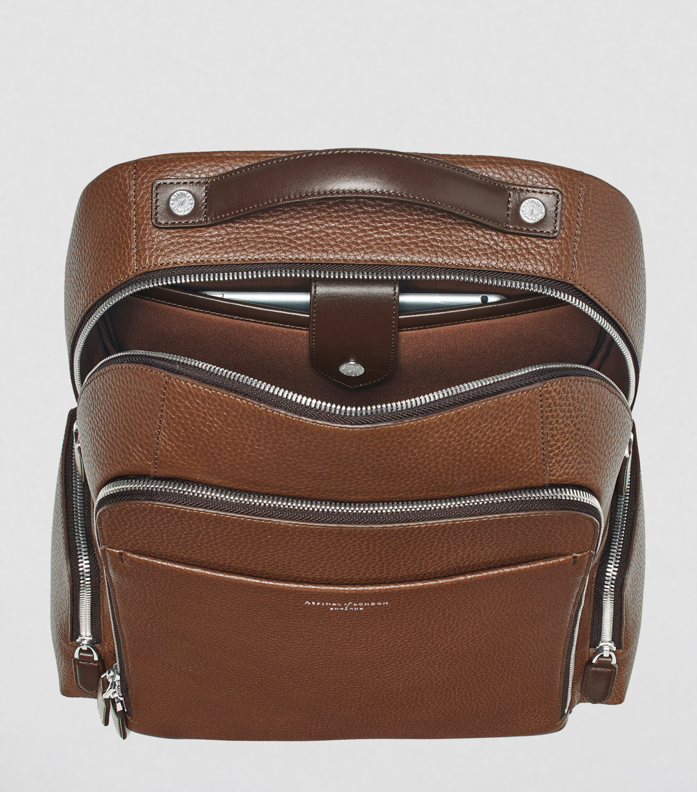 Aspinal Of London Brown Pebble Leather Reporter Zipped Backpack