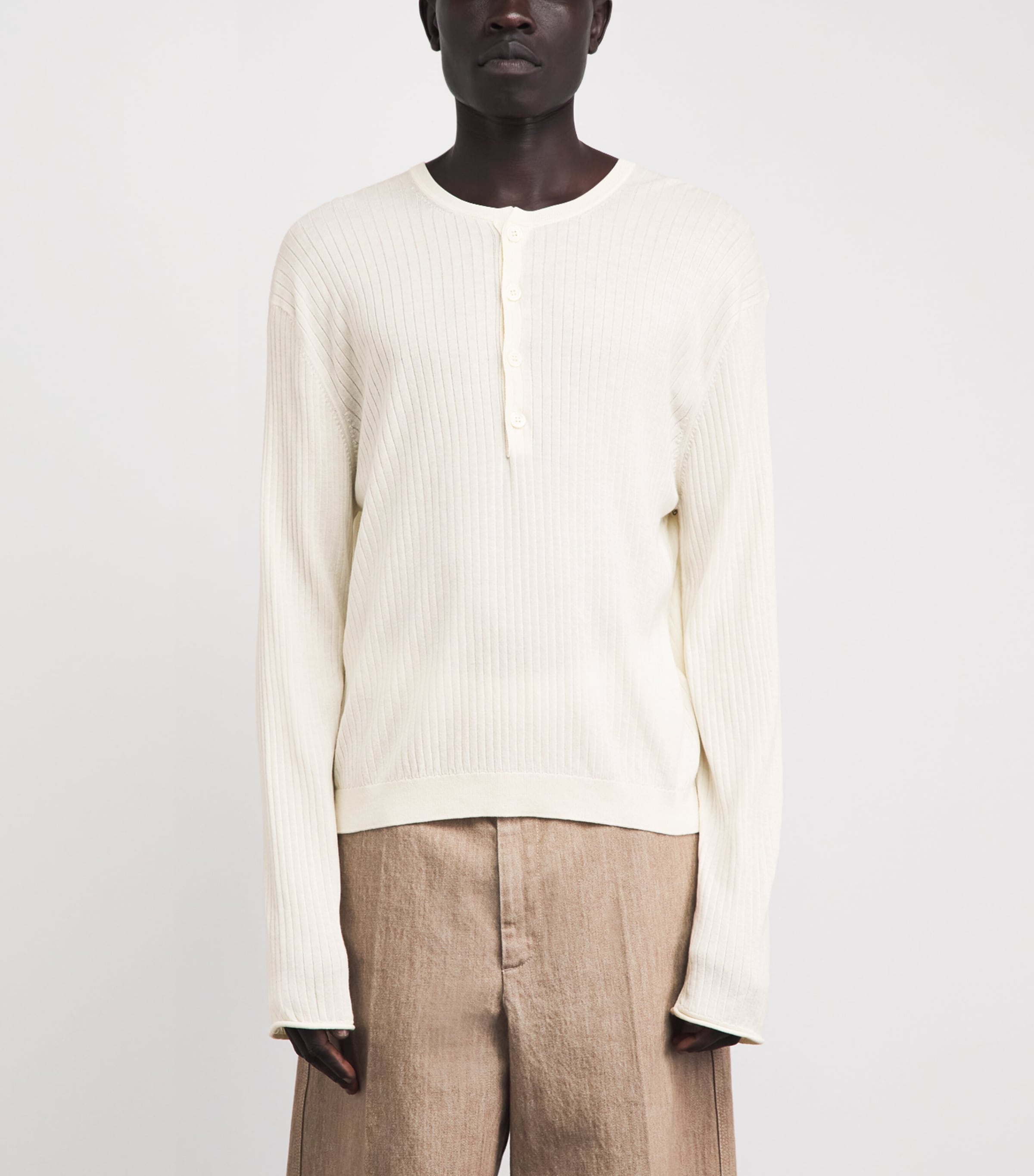 Our Legacy Mens Cotton Ribbed Henley Top Ivory Image 4