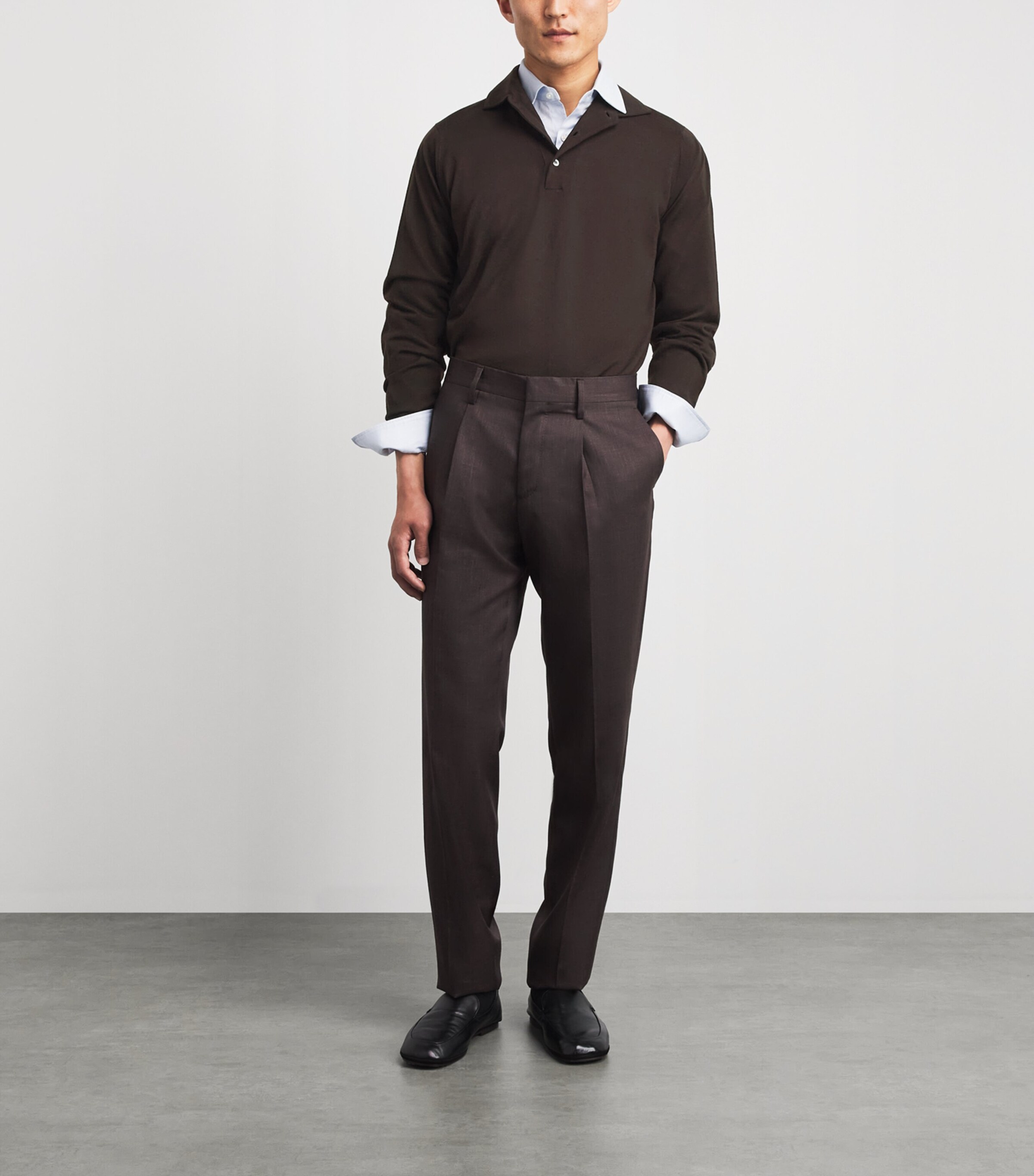 Lardini Mens Virgin Wool Long-Sleeve Polo Shirt Brown Image 2