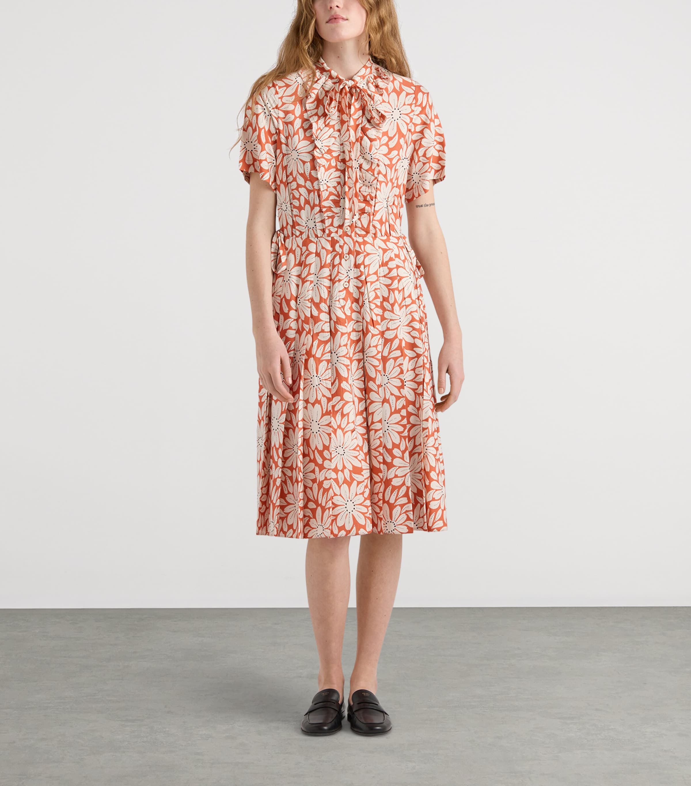 Prada Womens Pongé Pleated Midi Shirt Dress Image 2