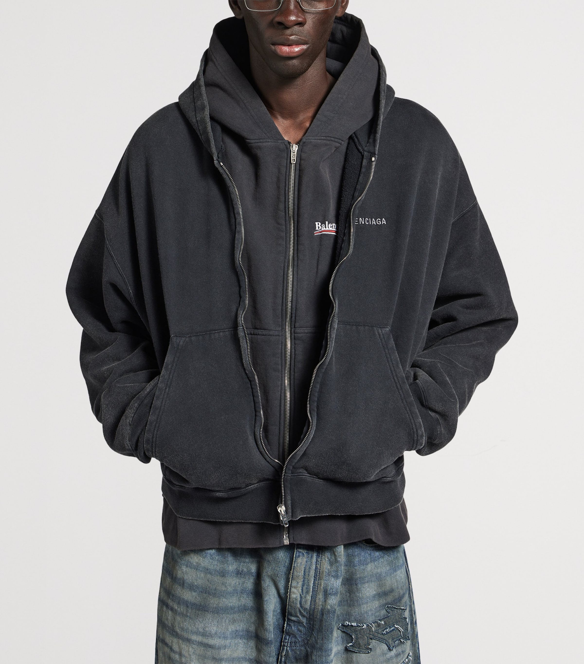Balenciaga Mens Cotton Layered Logo Hoodie Image 9