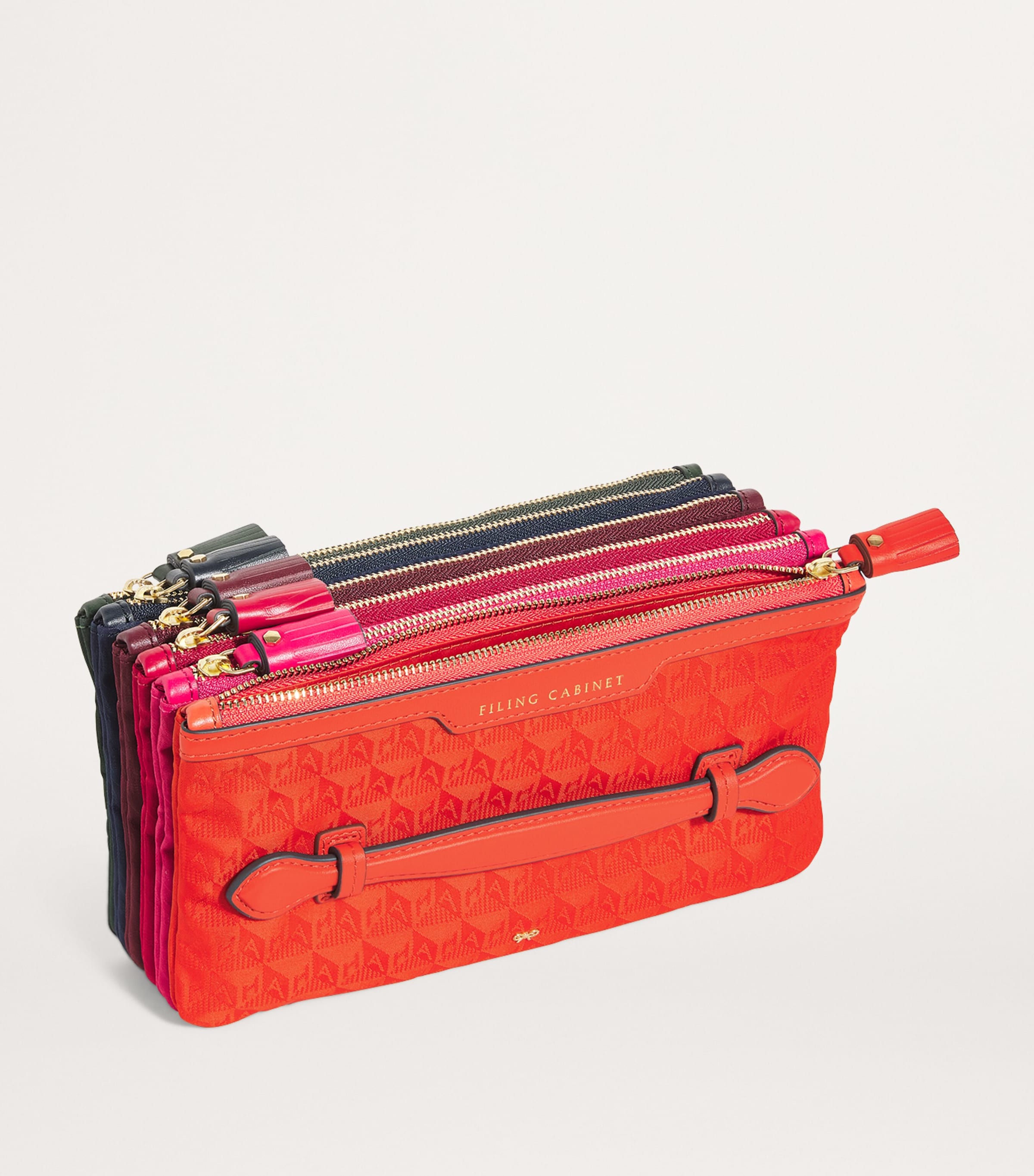 関税・送料込【Anya Hindmarch】FilingCabinetジャカードポーチ ANYA HINDMARCH Filing Cabinet leather-trimmed jacquard