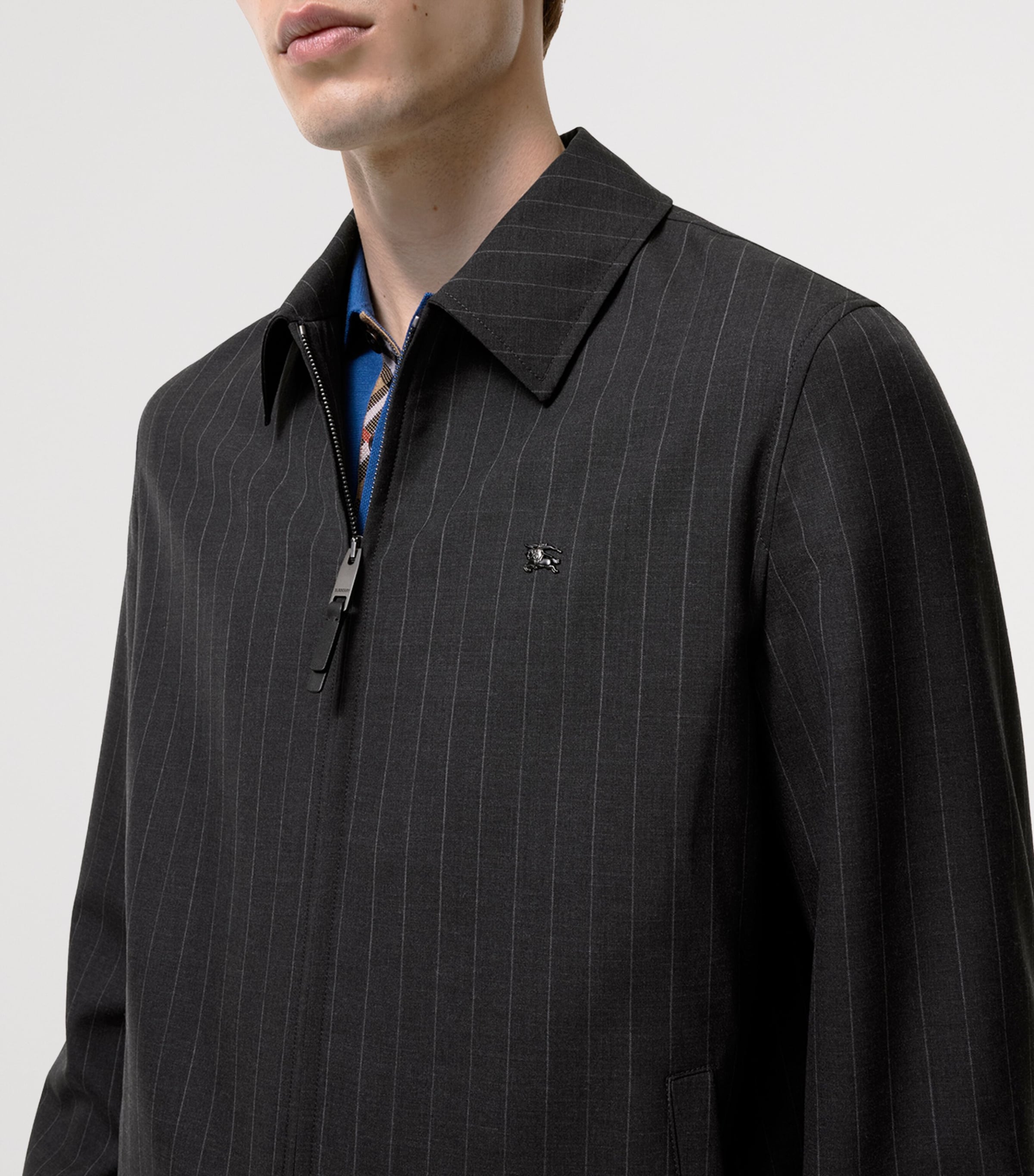 Burberry Mens Wool Pinstripe Bloomsbury Harrington Jacket Iron Grey Stripe Image 4