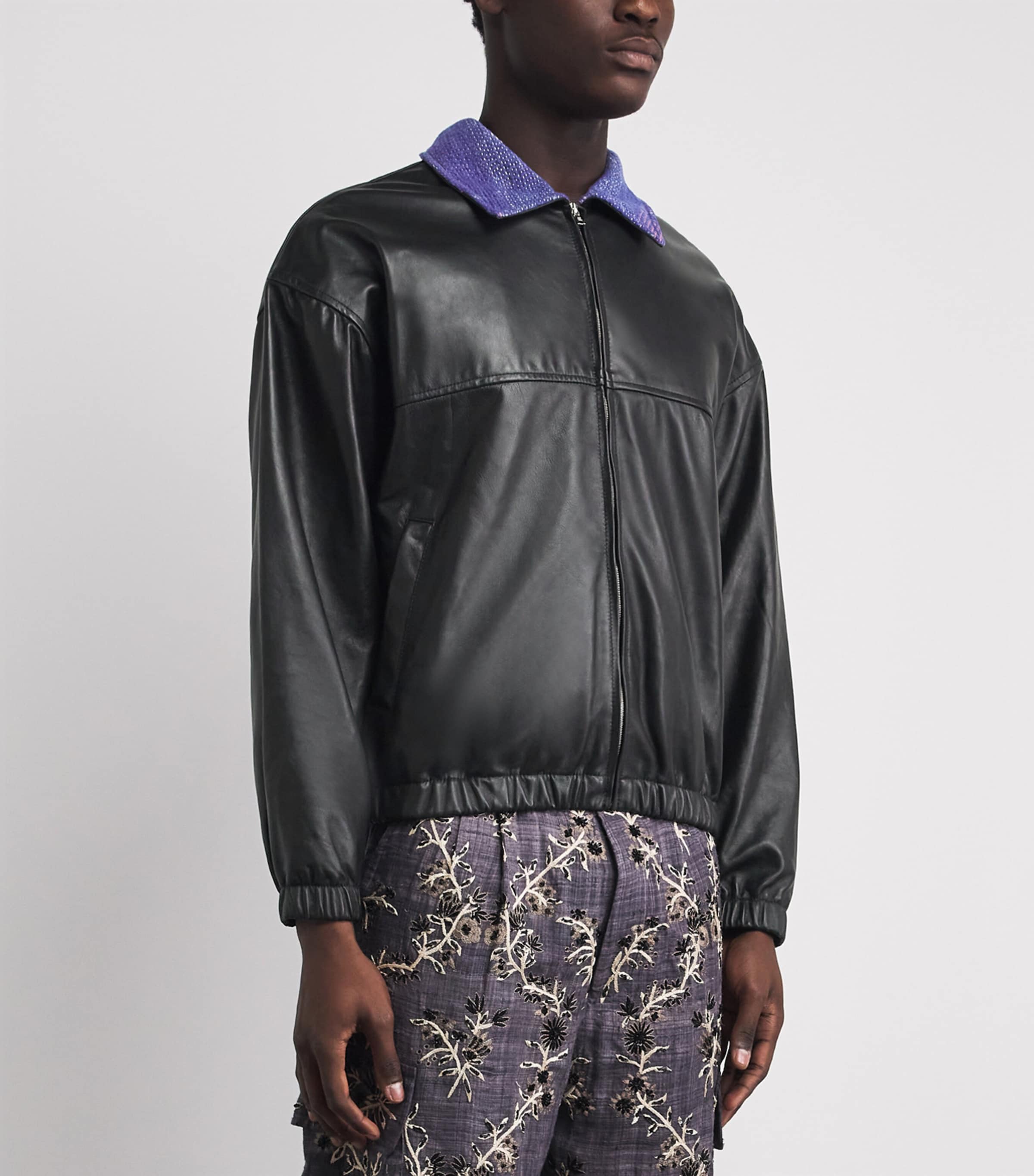 Kartik Research Mens Leather Kantha Bomber Jacket Black/ Purple Image 4