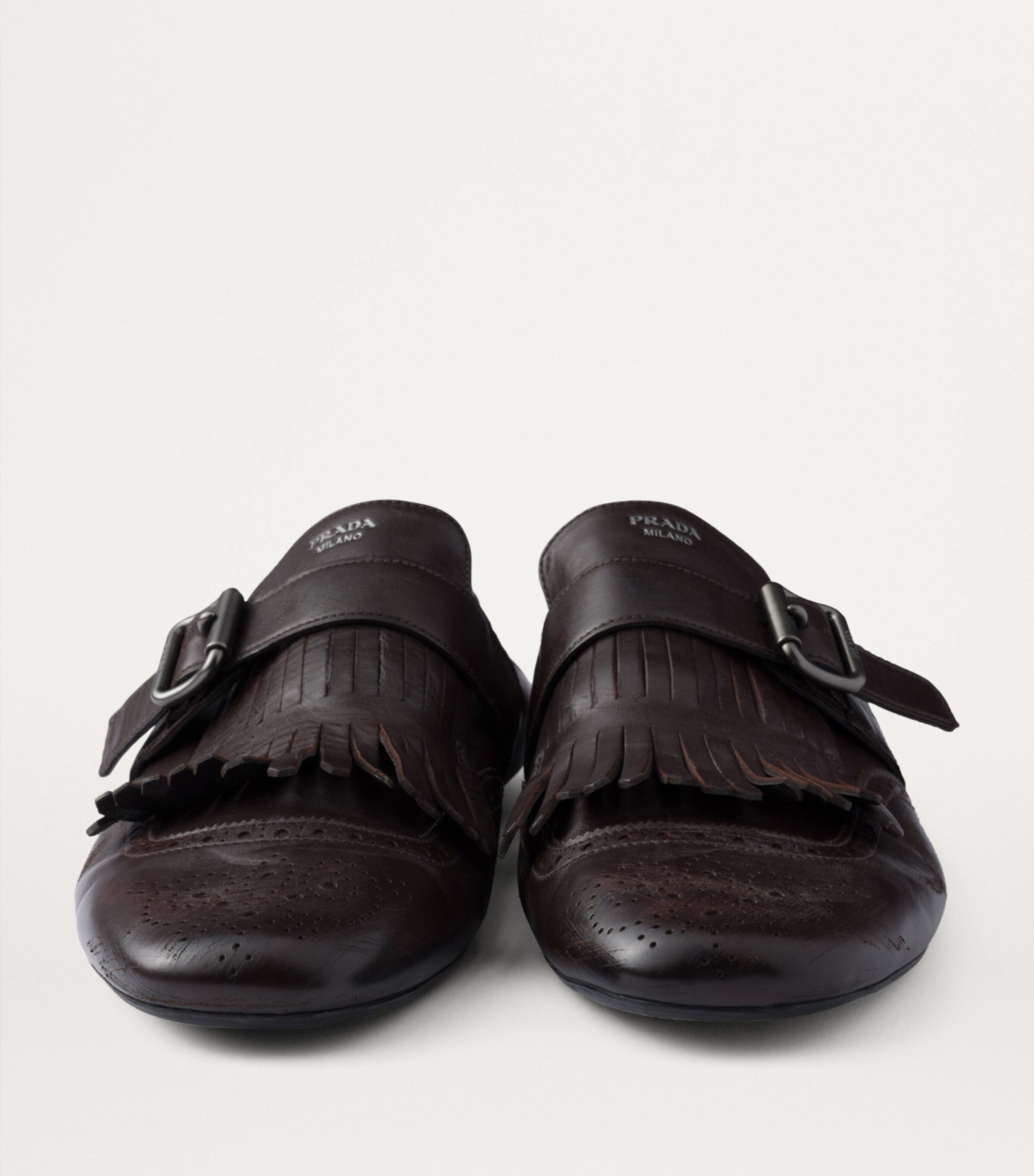 Prada Brown Calf Leather Fringed Monk-Strap Shoes | Harrods UK